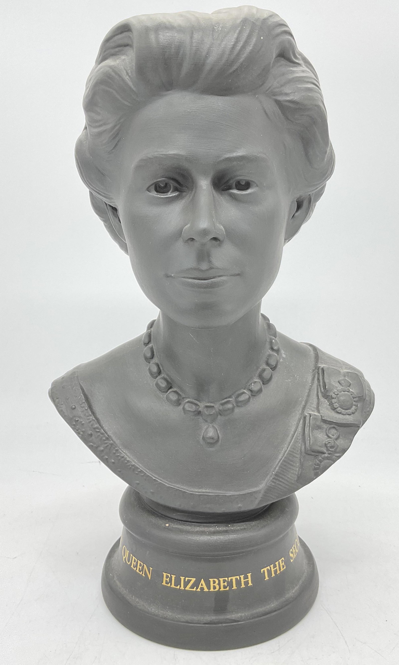 ROYAL DOULTON Black Basalt Queen Elizabeth Bust: ROYAL DOULTON Black Basalt Ceramic Queen Elizabeth Bust, a 1972 bust commentating the marriage of Queen Elizabeth and Prince Phillip, inscriptions read HM Queen Elizabeth the second Silver 1947-1972 W