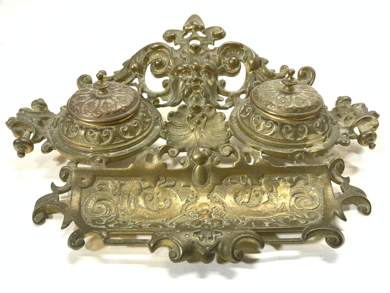 Antique Brass Ornate Victorian Double Inkwell (1 of 10)