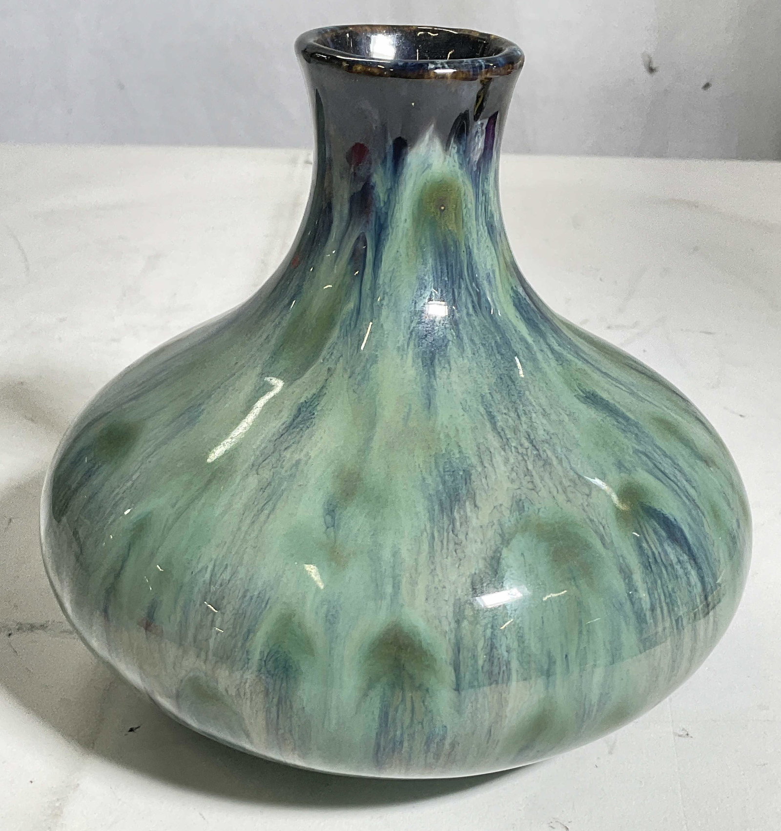 Green & Blue Ceramic Vase / Vessel: Hand Crafted Art Pottery. Green & blue vase / vessel. Measures approx 6 x 5.5 inches. Surface wear consistent with age and use. No signature. Earthenware, wine decanter, decanter, ceramic ware, kitche