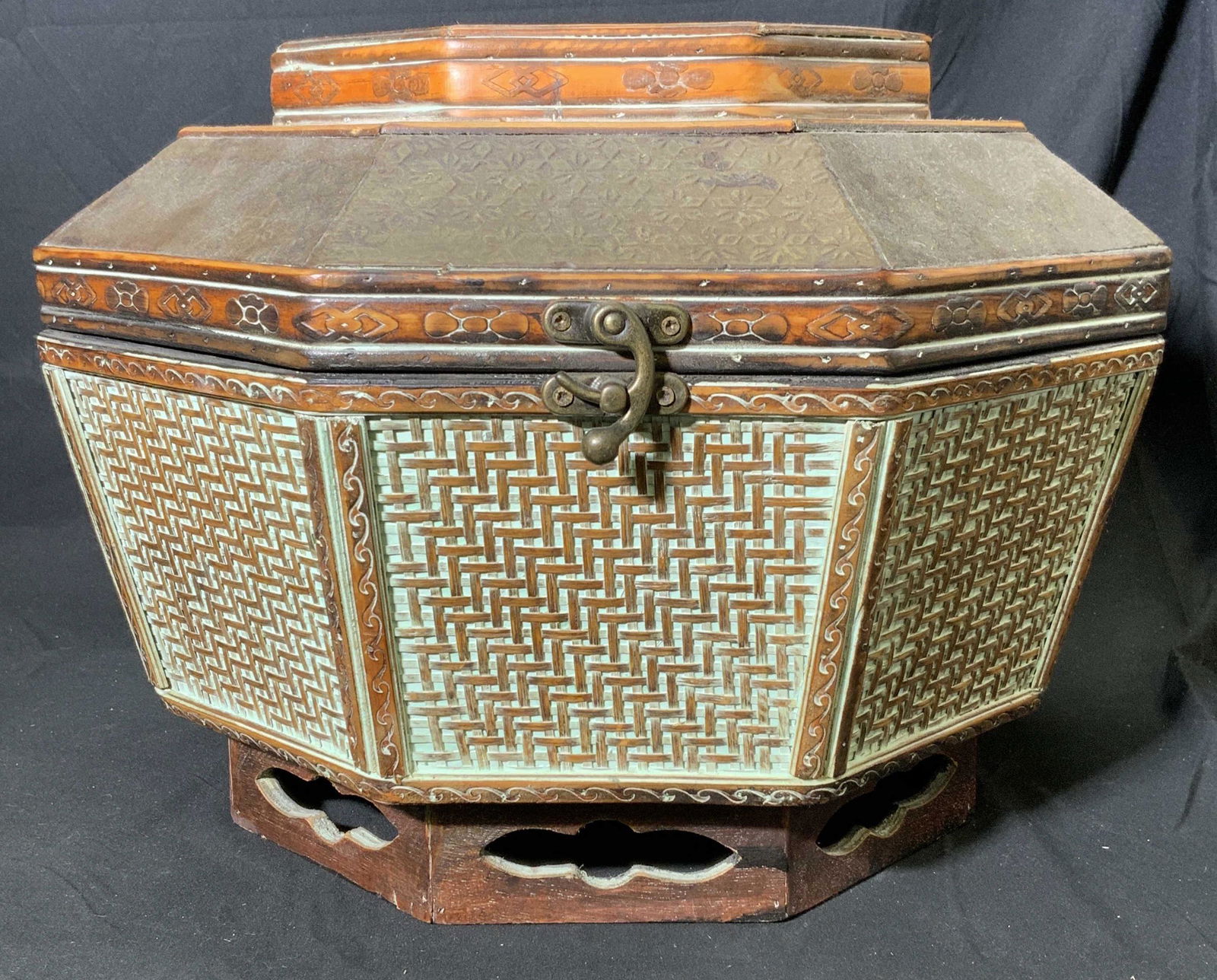 Asian Style Vintage Woven and Carved Wooden Trunk (1 of 7)