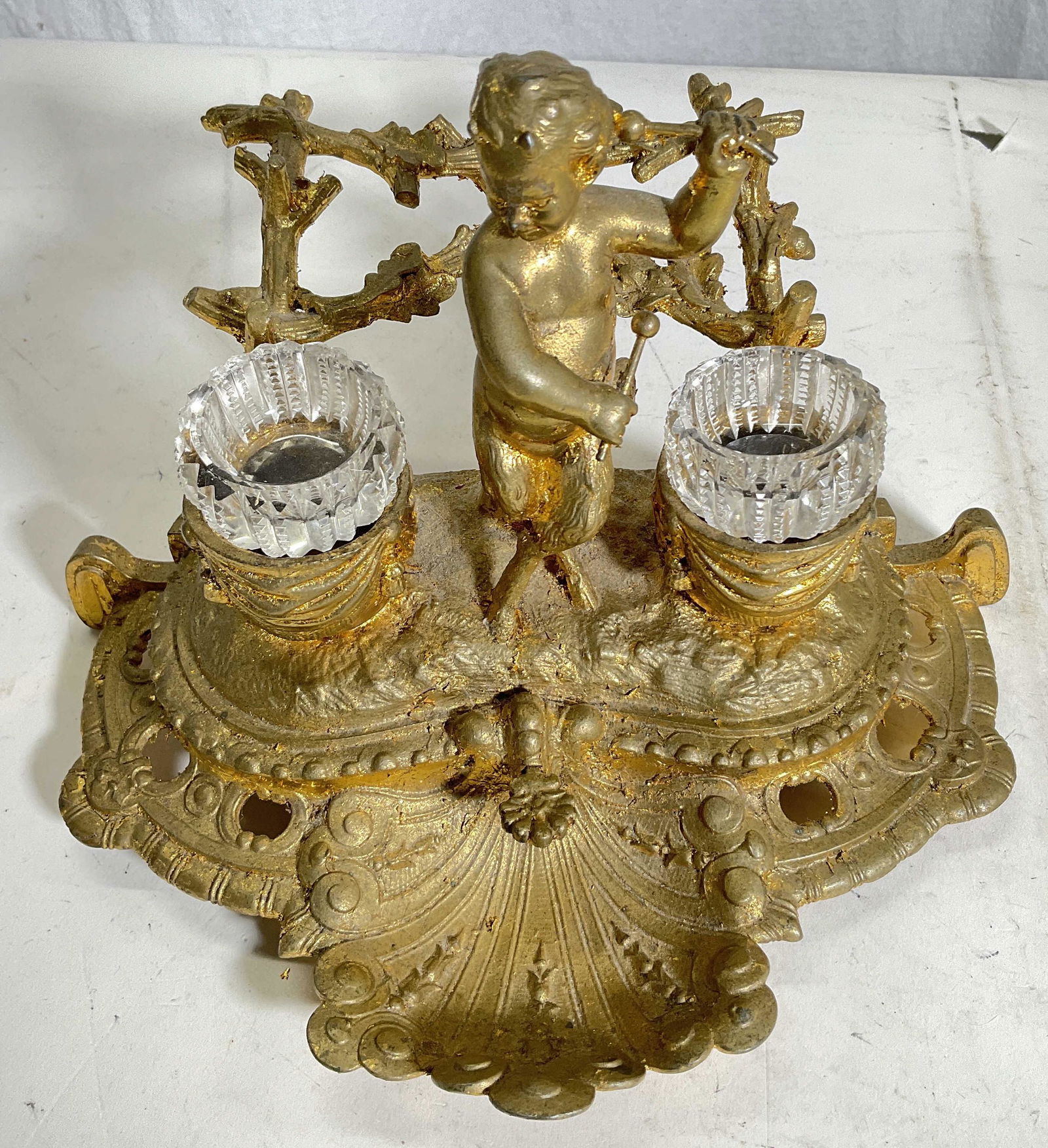 Antique Brass Gold Leafed Double Inkwell W Satyr (1 of 9)