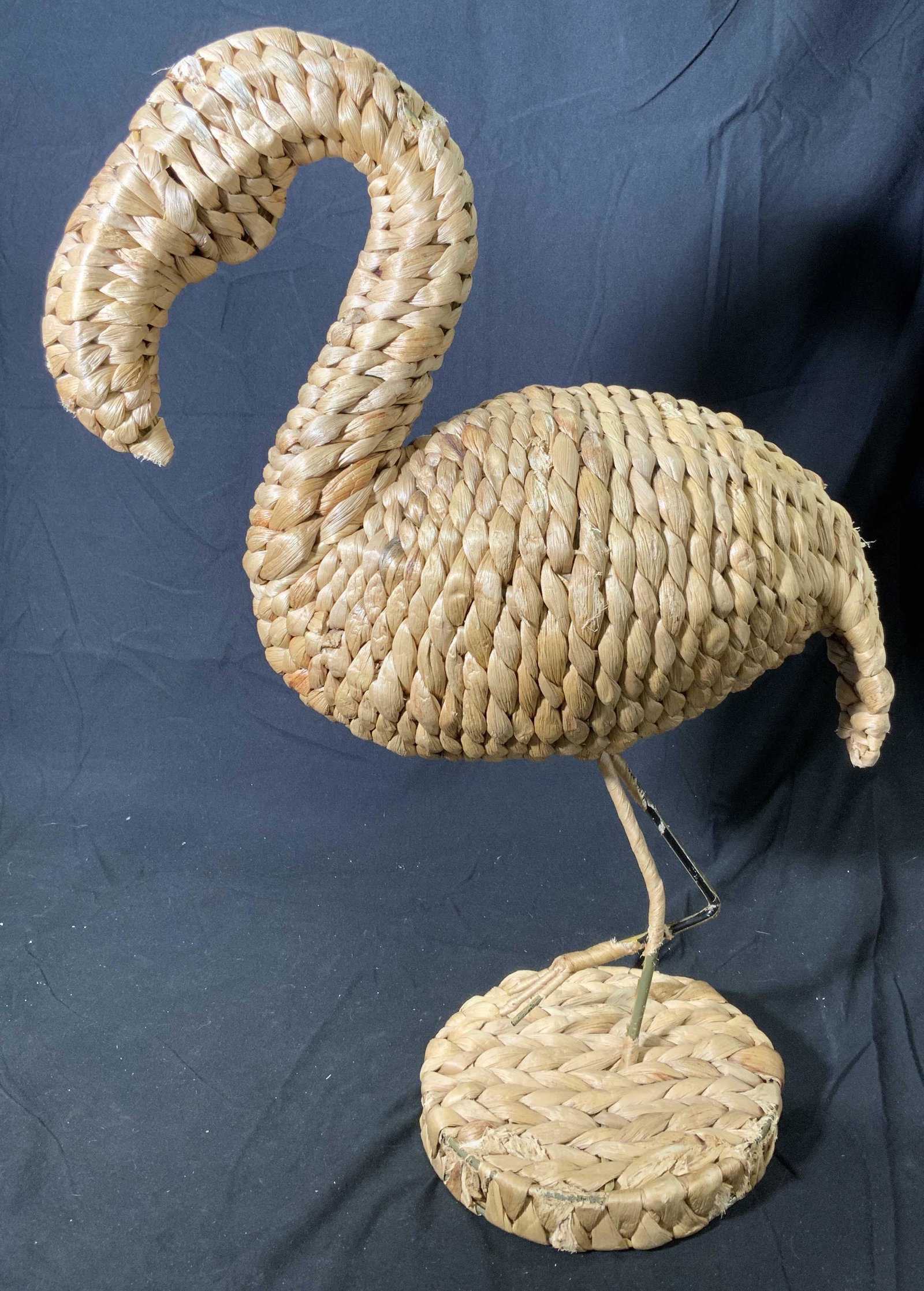 Vintage Woven Wicker Flamingo Figural: A vintage woven straw wicker flamingo. Vintage condition, surface wear consistent with age, use, and exposure. 16 x 8 x 23 inches. Property of Palm Beach, Fl Estate. Flamingo, decorative arts, flaming