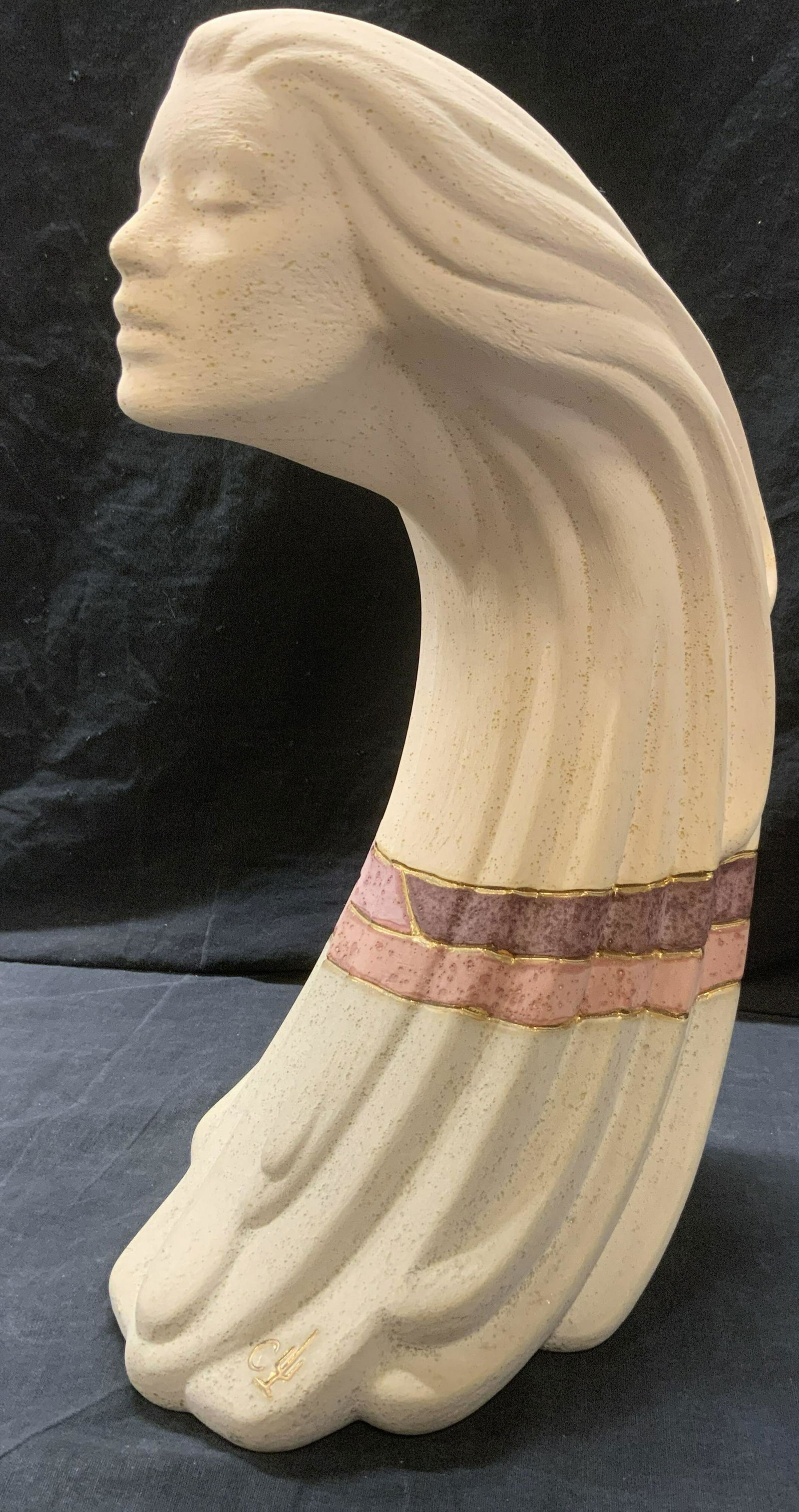 GOLDEN DESERT DESIGN Signed Mystical Sculpture: GOLDEN DESERT DESIGN Signed Mystical Pottery Sculpture, signed on the bottom, painted with 22kt gold, tag inside reads Contemporary Southwest Pottery Hand Painted and detailed in 22kt gold, pale pink