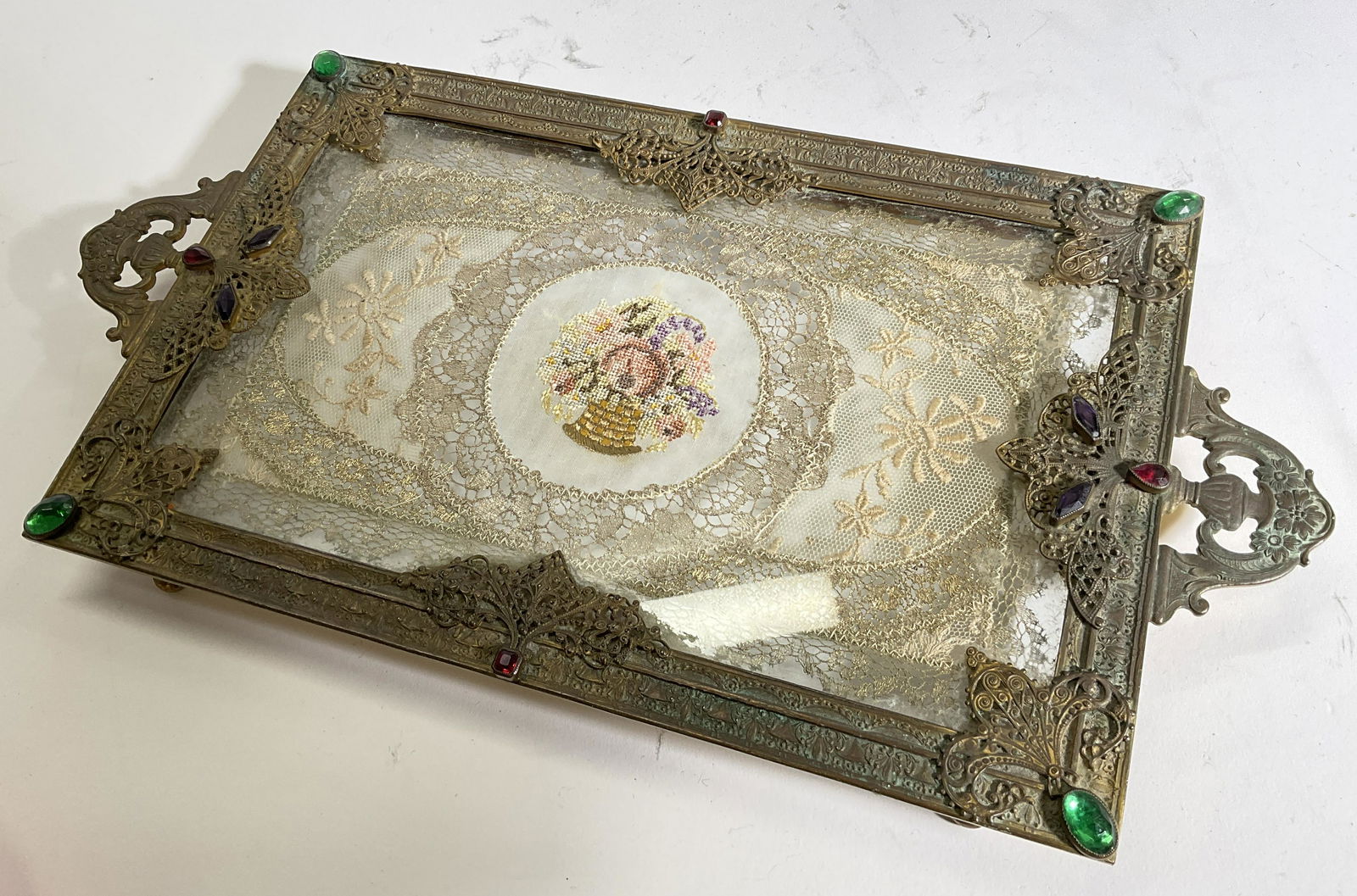 Antique Dresser Tray W Lace Needle Point Doily (1 of 8)