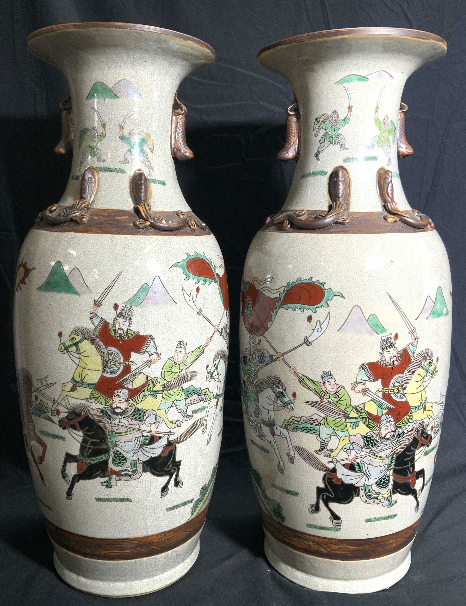 Signed Pair Asian Stoneware Vases, 2FT Height (1 of 10)