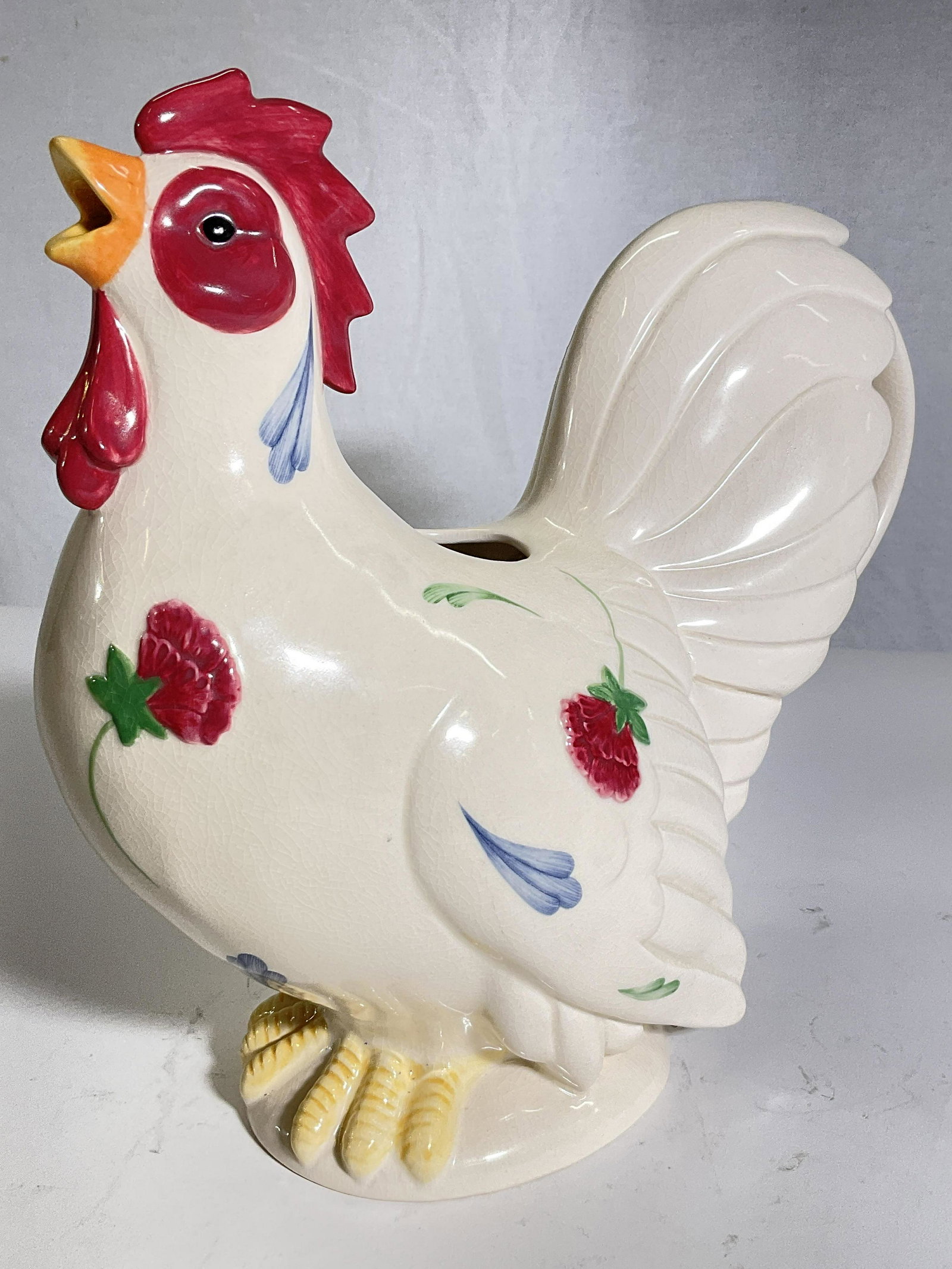 Poppies On Blue LENOX Rooster Watering: Lenox Rooster watering can. Bottom reads Poppies On Blue, LENOX. Measures approx 11 x 10 inches. Surface wear consistent with age and use. Floral detail to Rooster. Lenox, Lenox porcelain, Rooster wat