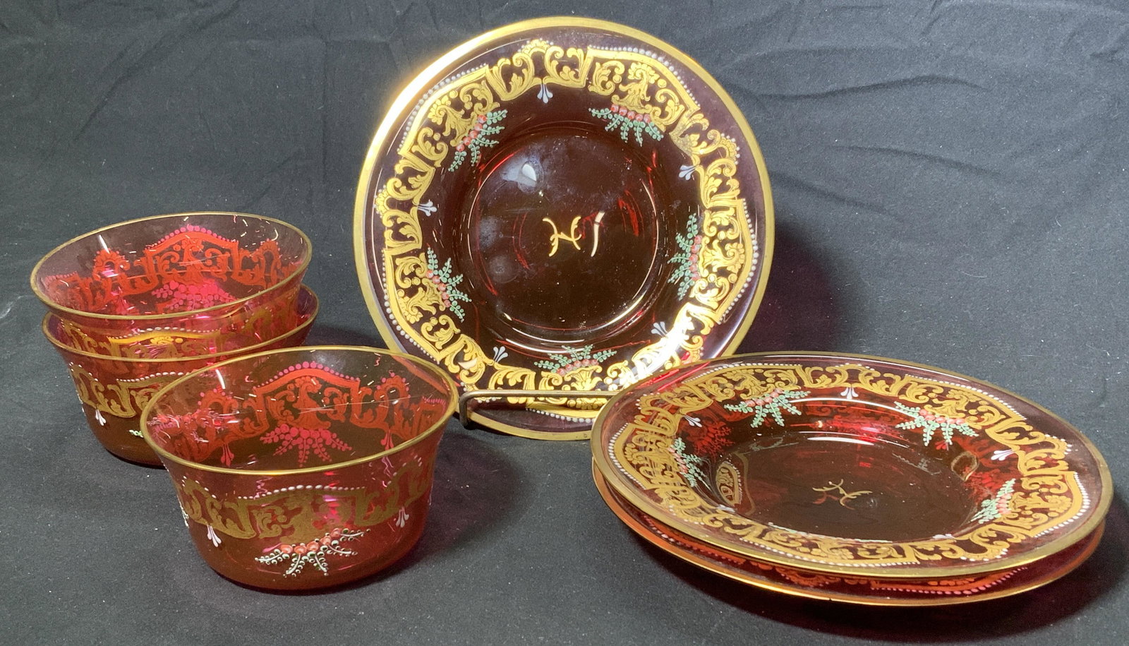 Lot 6 Vintage Gilt Cranberry Glass Dish Set (1 of 8)