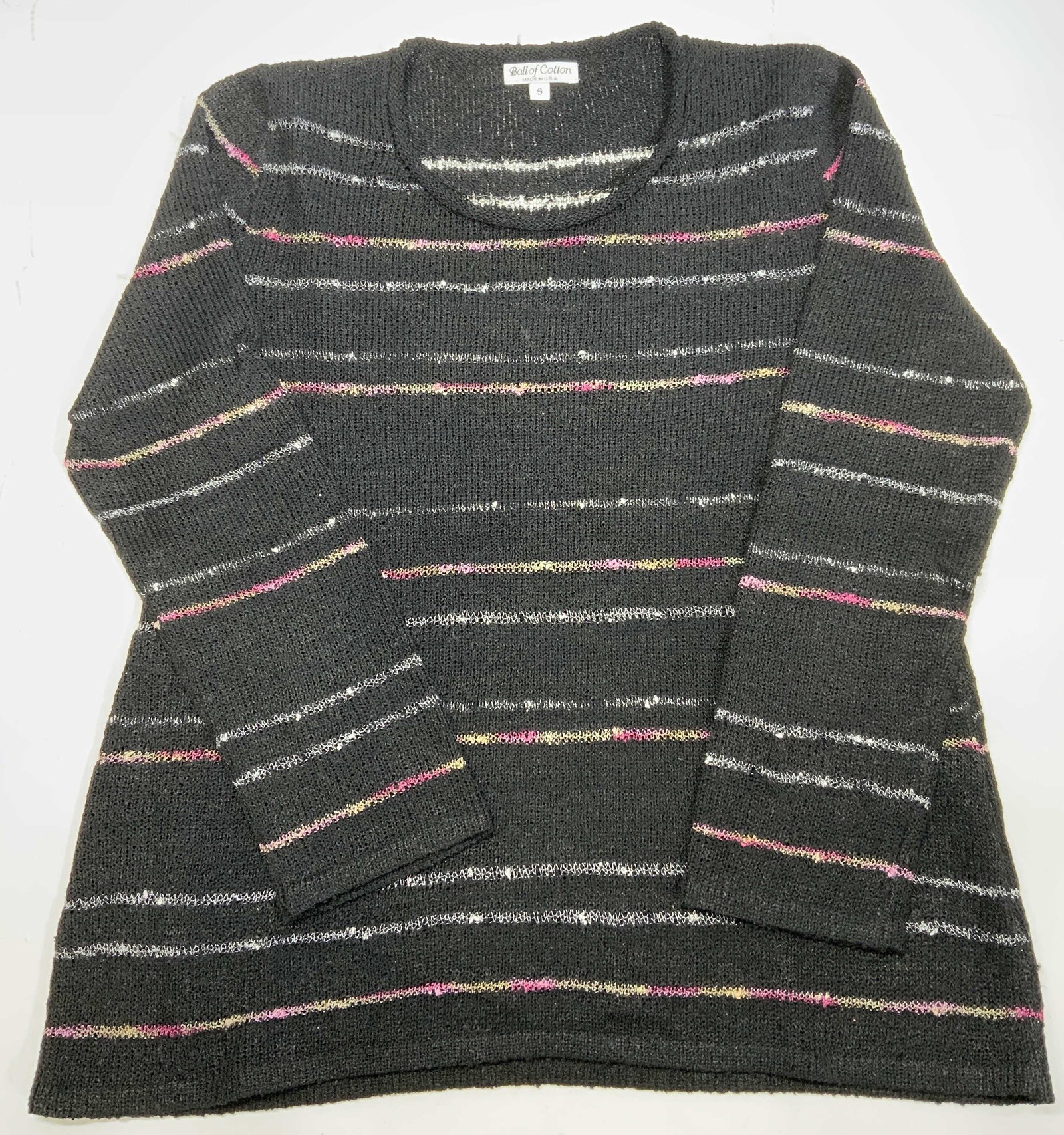 BALL OF COTTON Multi Tone Stripe Sweater: Ball of Cotton medium weight loose knit long sleeve sweater in black with multi tone stripe. Marked size S. Viscose and linen Blend. Made in USA. In good condition, one small pull to side, possibly ne