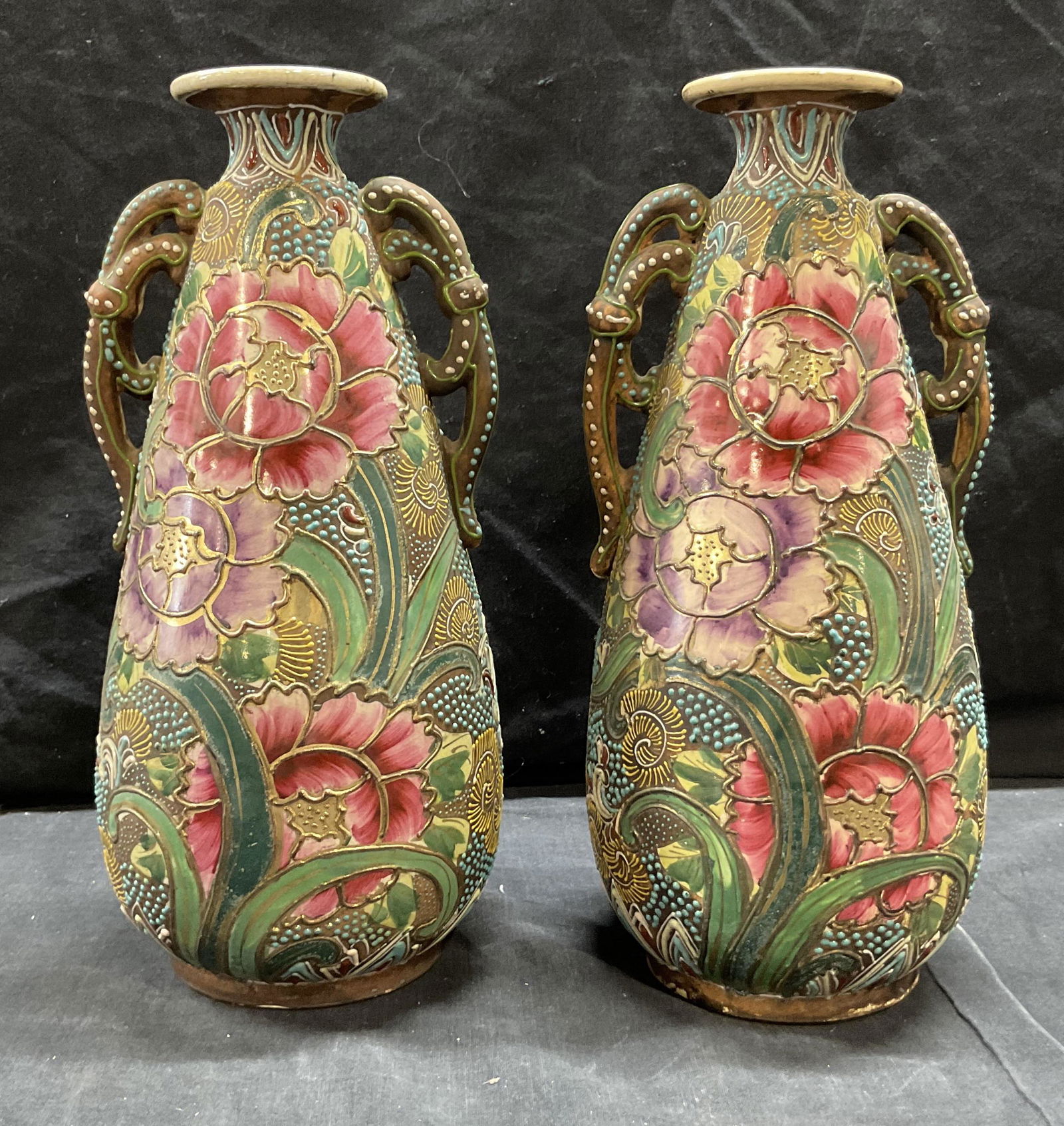 Pair Ceramic Moriage Flower Vases (1 of 6)