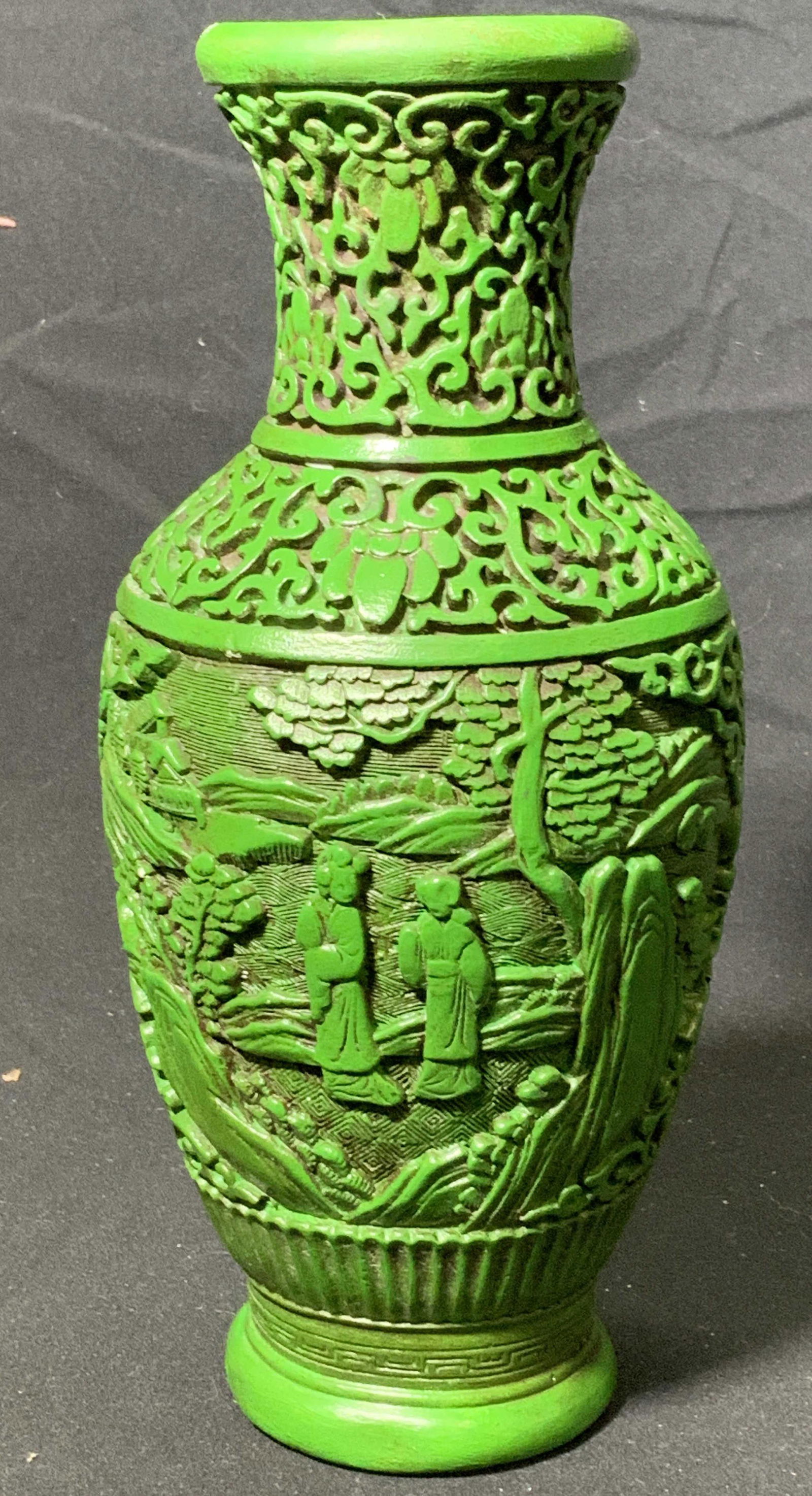 Signed Green Cinnabar Style Vase (1 of 7)