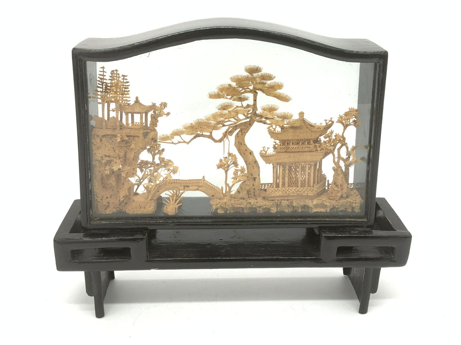 Chinese Cork Sculpture Landscape Terrarium: Chinese Cork Sculpture Landscape Terrarium, black lacquer frame and separate stand, frame stickers on bottom read Made in China and San you, measures approx 7 3/4 x 9 in. including stand. Chinese cork