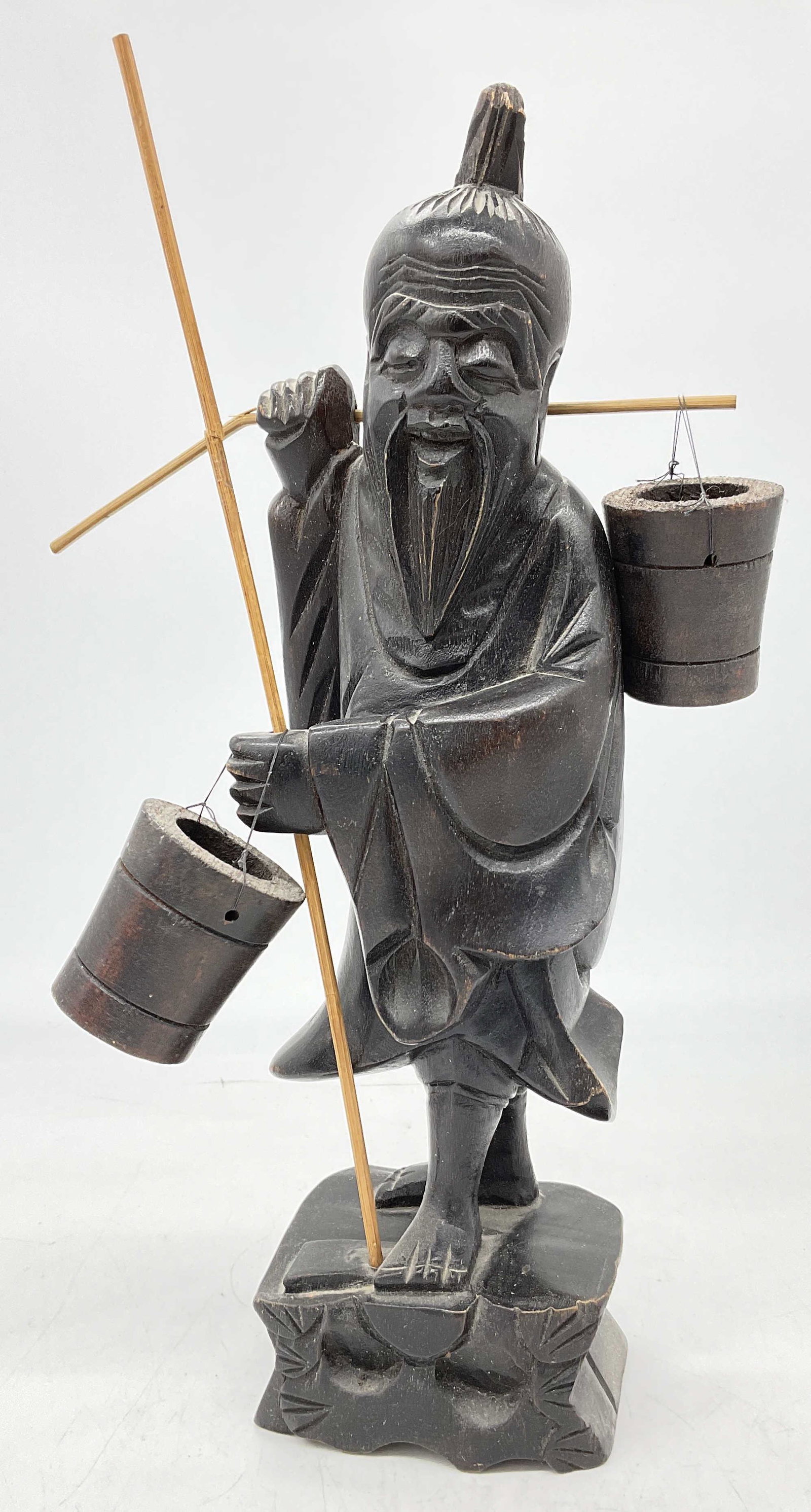 Asian Wooden Man Holding Bucket Figural (1 of 6)