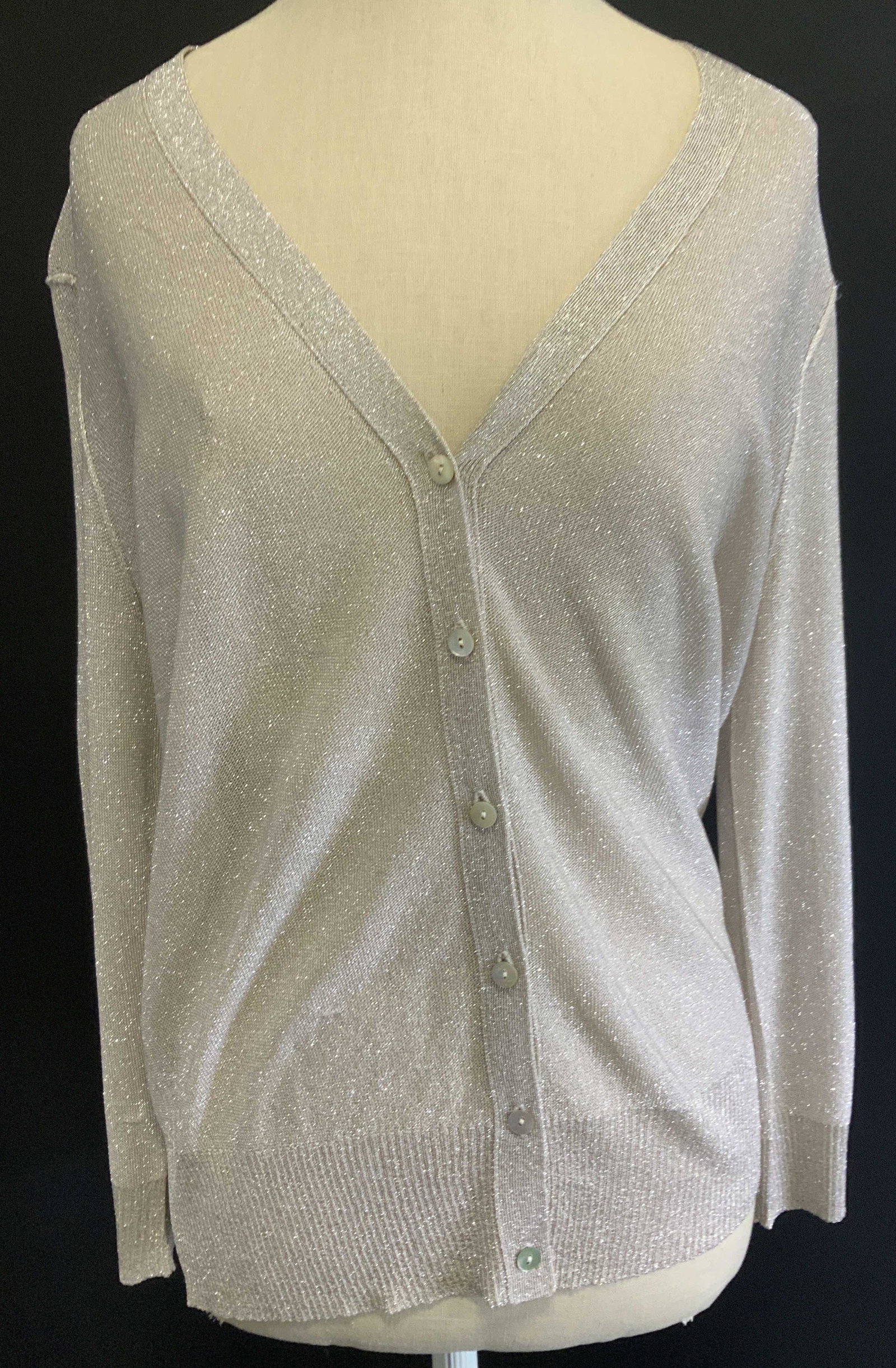 Brochu Walker Metallic Button Down Cardigan: Size Medium , labeled designer Brochu Walker, light bronze metallic cardigan , 70% rayon , 20% polyester. Cardigan, metallic clothing , ladies fashion, Brochu Walker, Ladies wearables, Casual wear, la