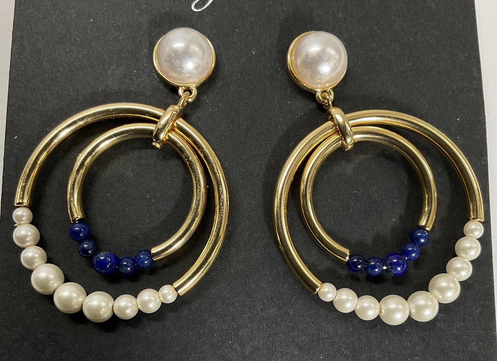 J Crew Semi Precious Earrings: J crew semi precious earrings, blue natural stone, tested positive on Gem Tester for a natural stone.. measures approx 2 inches. Pearlescent detail to piece. Gold tone metal. Earrings, j crew earrings
