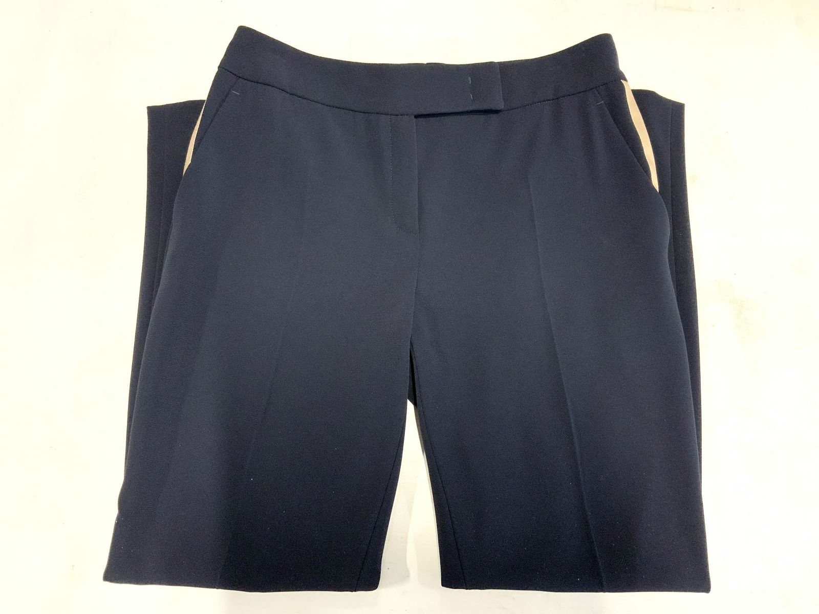 ESCADA Size 36 Tapered Straight leg Dress Pants: Pair of size 36 straight leg tapered dress pants, navy blue with gold toned side stripes. Tag reads ESCADA, material tag reads83% Triacetat, 17% polyester, quality 2 100% Silk. Inseam is approximately