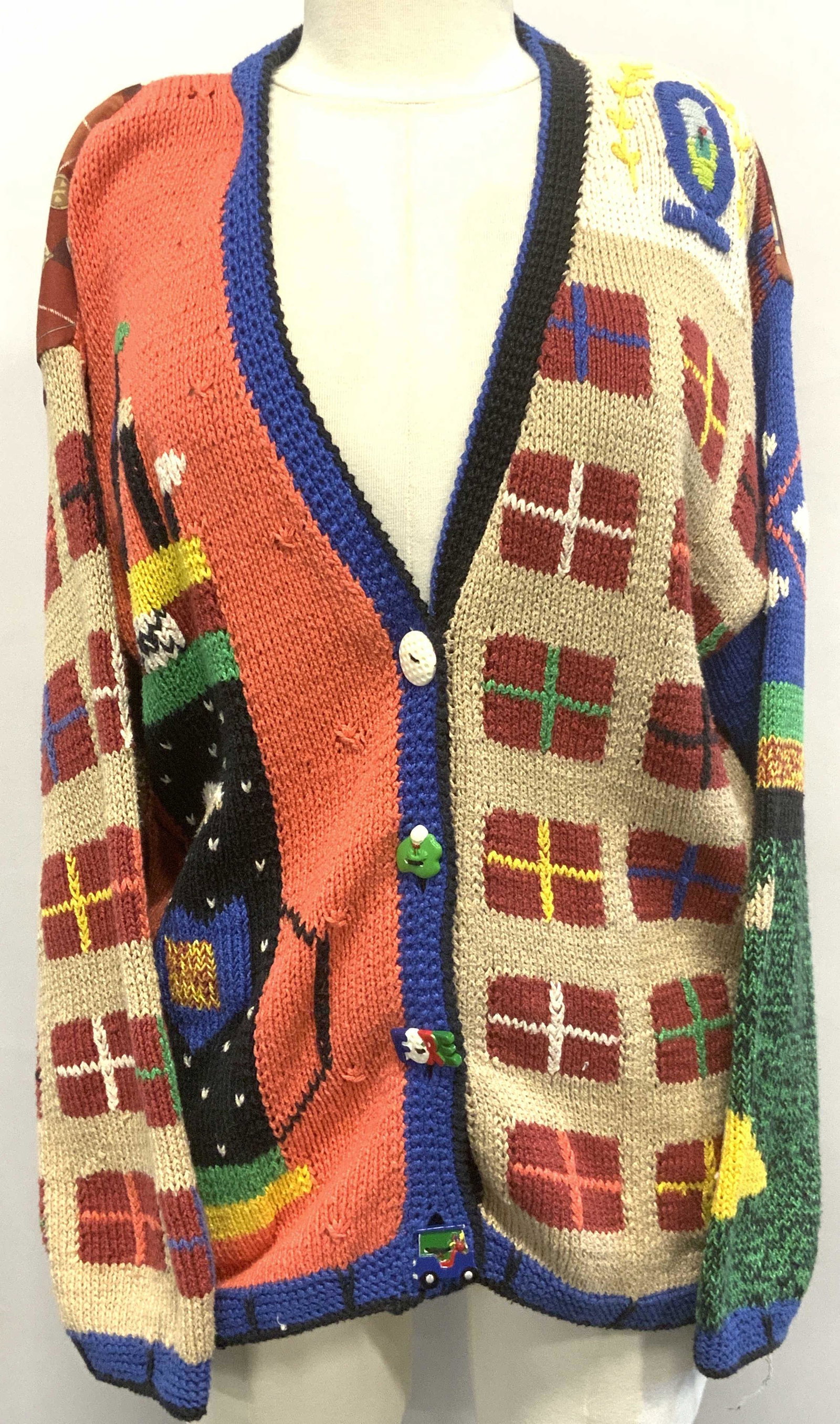 GLOBETROTTER Vintage Golf Motif Cardigan, Chile: GLOBETROTTER Vintage Golf Motif Cardigan, made in Chile, knitted sleeves & front, fabric back, measures approx 26 x 22 in. GLOBETROTTER vintage golf motif cardigan, unisex clothing, mens clothing, wom
