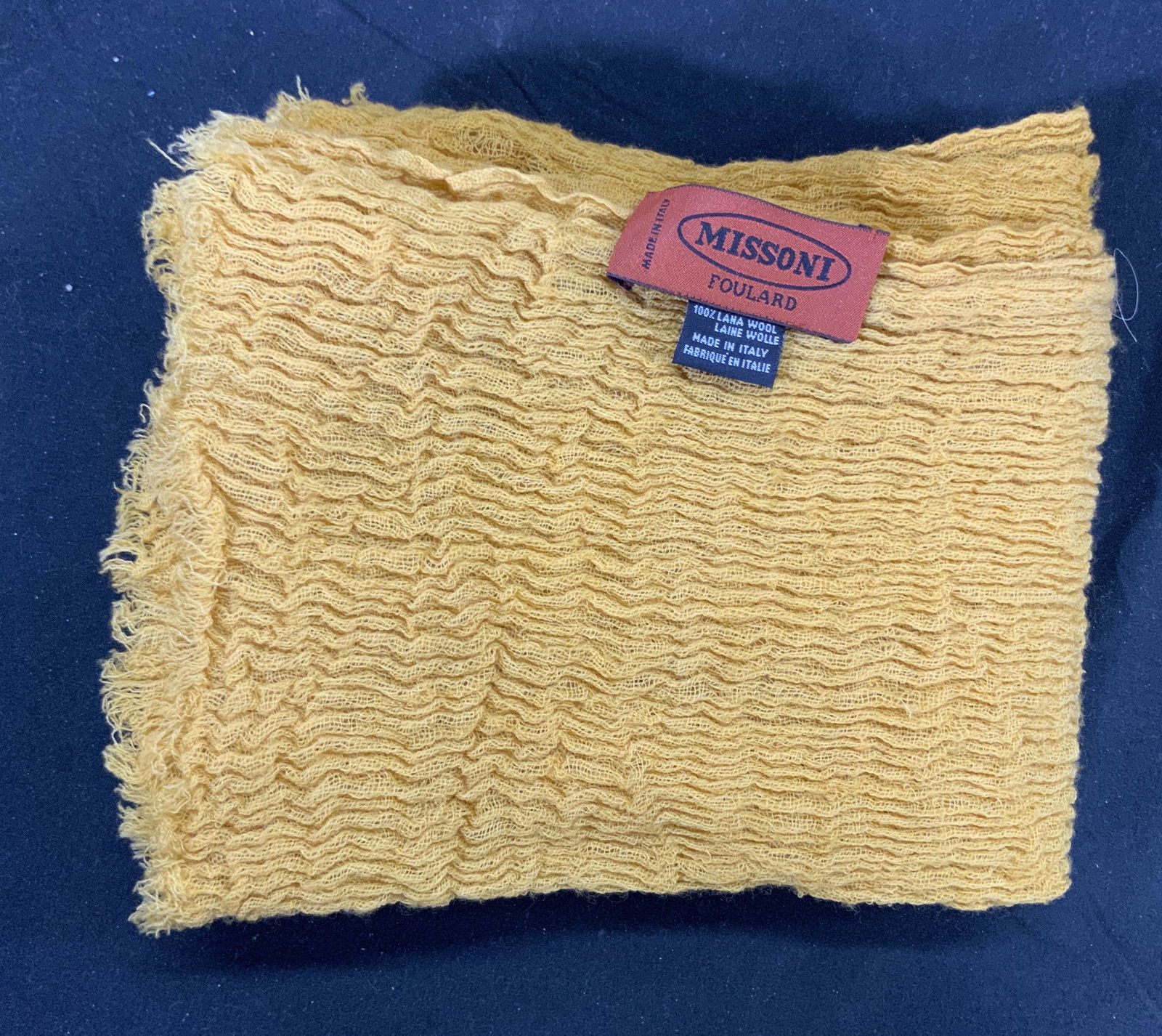 MISSONI Mustard Yellow Wool Scarf: Signed MISSONI loose knit wool scarf in mustard yellow. Measures approx. 63 inches long. In good condition. MISSONI, MISSONI scarf, MISSONI accessories, ladies luxury scarf, ladies luxury accessories,