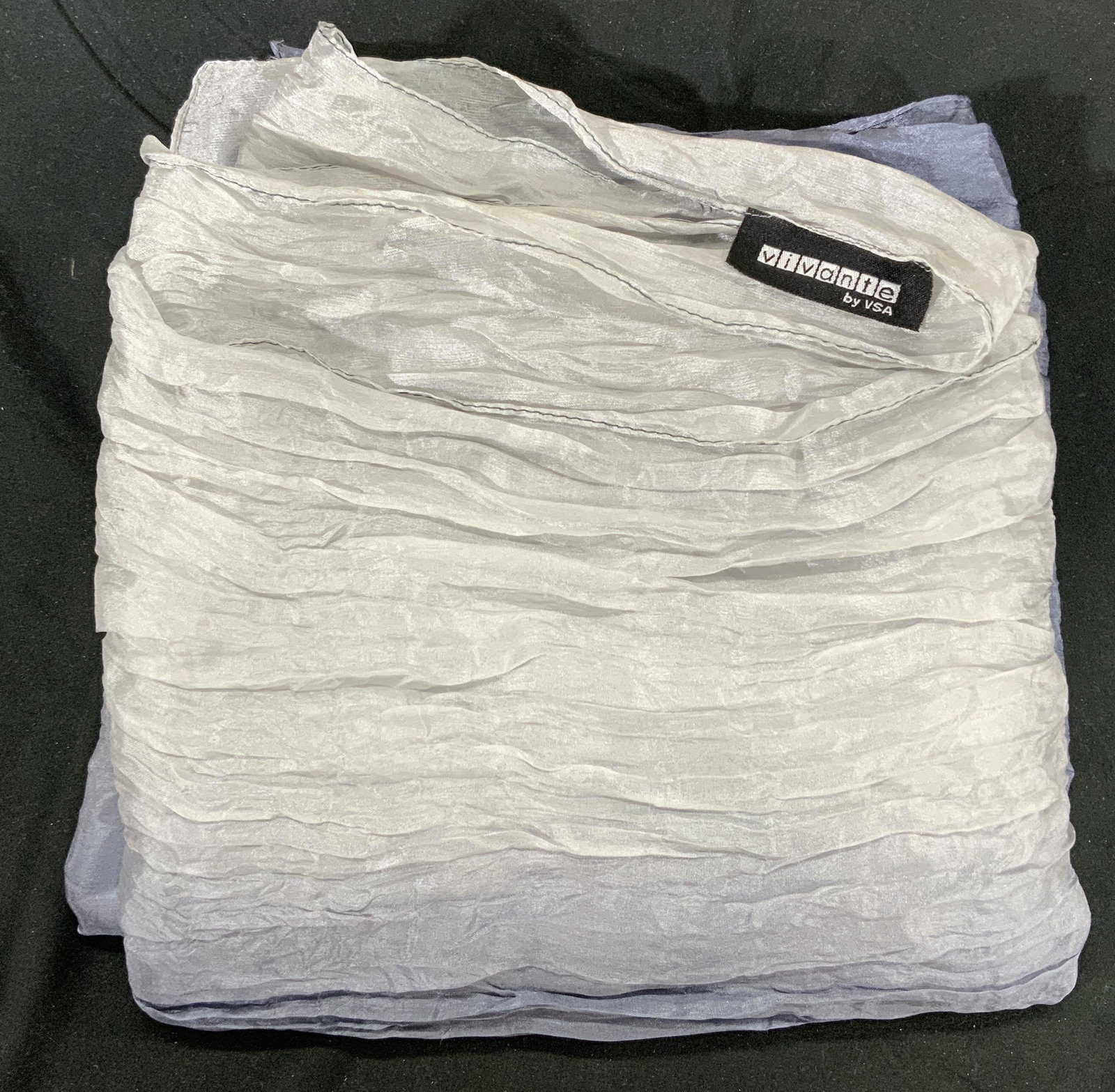 VIVANTE VSA Sheer Blue Ombre Scarf: Signed VIVANTE BY VSA blue/grey ombre gradient scarf. Possibly silk. In good condition. Measures approx. 68 inches long. VIVANTE VSA, Omar scarf, gradient scarf, sheer scarf, blue scarf, grey scarf, f