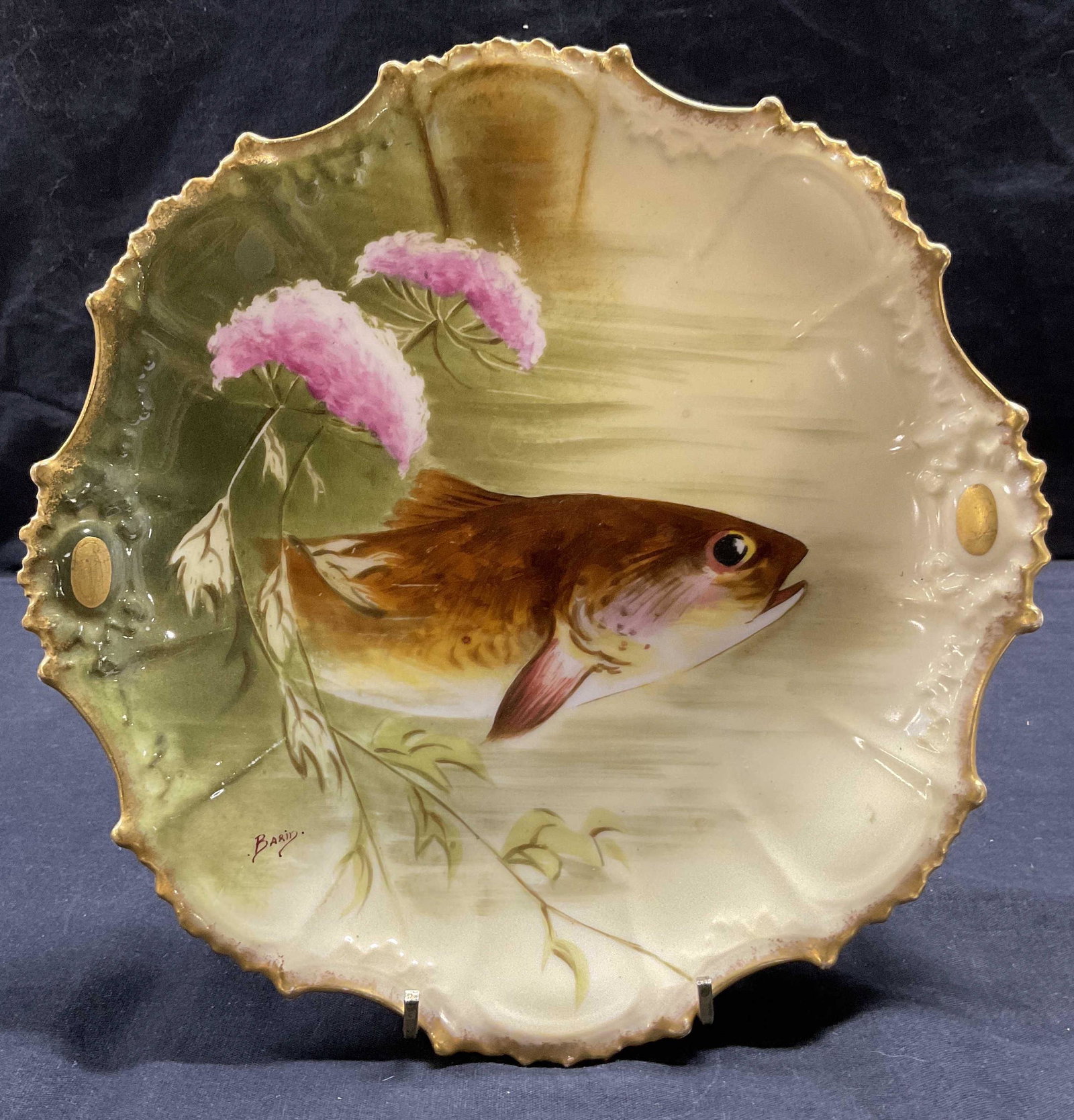 Vintage LIMOGES CORONET Porcelain Plate: Vintage LIMOGES CORONET Porcelain Plate, inscriptions and stamps read Barin, Limoges Coronet FRANCE, design features a fish and flowers with gilt rim, measures 9 5/8 inches in diameter, surface wear t