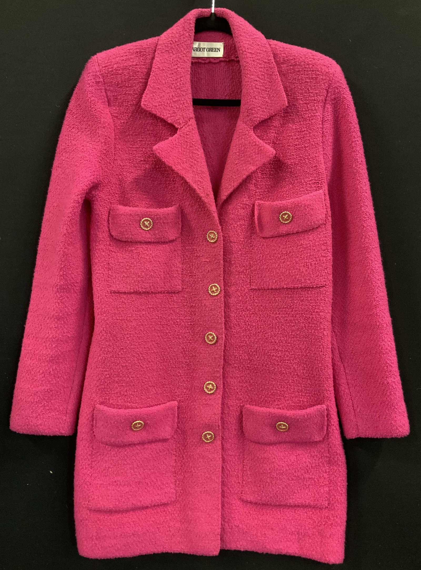 Margot GREEN Vtg Fuchsia Skirt Suit: Matching skirt and long jacket. Skirt has stretch waist band, measures 30-31 in. 24 in long. Jacket has pink enamel and gold tone embossed X buttons - along sleeve, and on pockets as well as button do