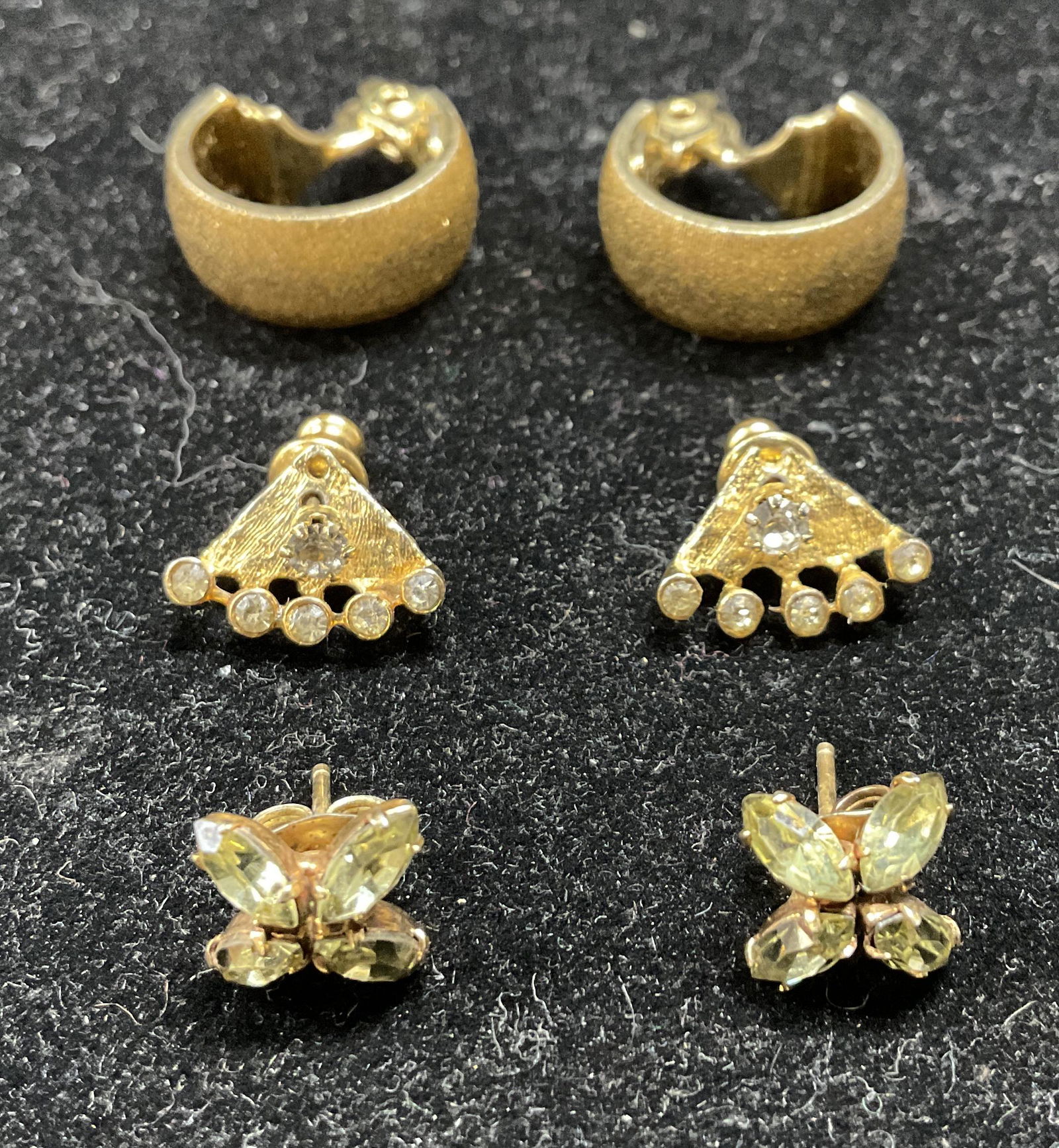 Lot 3 Vintage Jacket, Hoop, Stud Earrings: Lot 3 Vintage Jacket, Hoop, Stud Earrings, inscription to hoop earring reads Monet, measures 3/4 inches in diameter, jacket earrings measure 3/8 x 1/2 inches, stud earrings measure 1/2 inch wide, surf