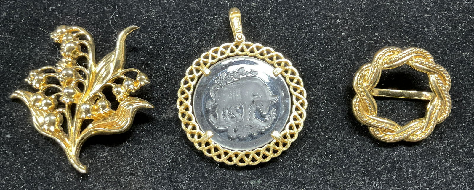 Lot 3 Vintage Pins & Pendants, TRIFARI & others: Lot 3 Vintage Pins & Pendants, inscription to etched glass pendant reads TRIFARI, measures 1 7/8 inches in diameter, hair pin missing pin, measures 1 3/8 inches in diameter, bluebell pin measures 2 1/