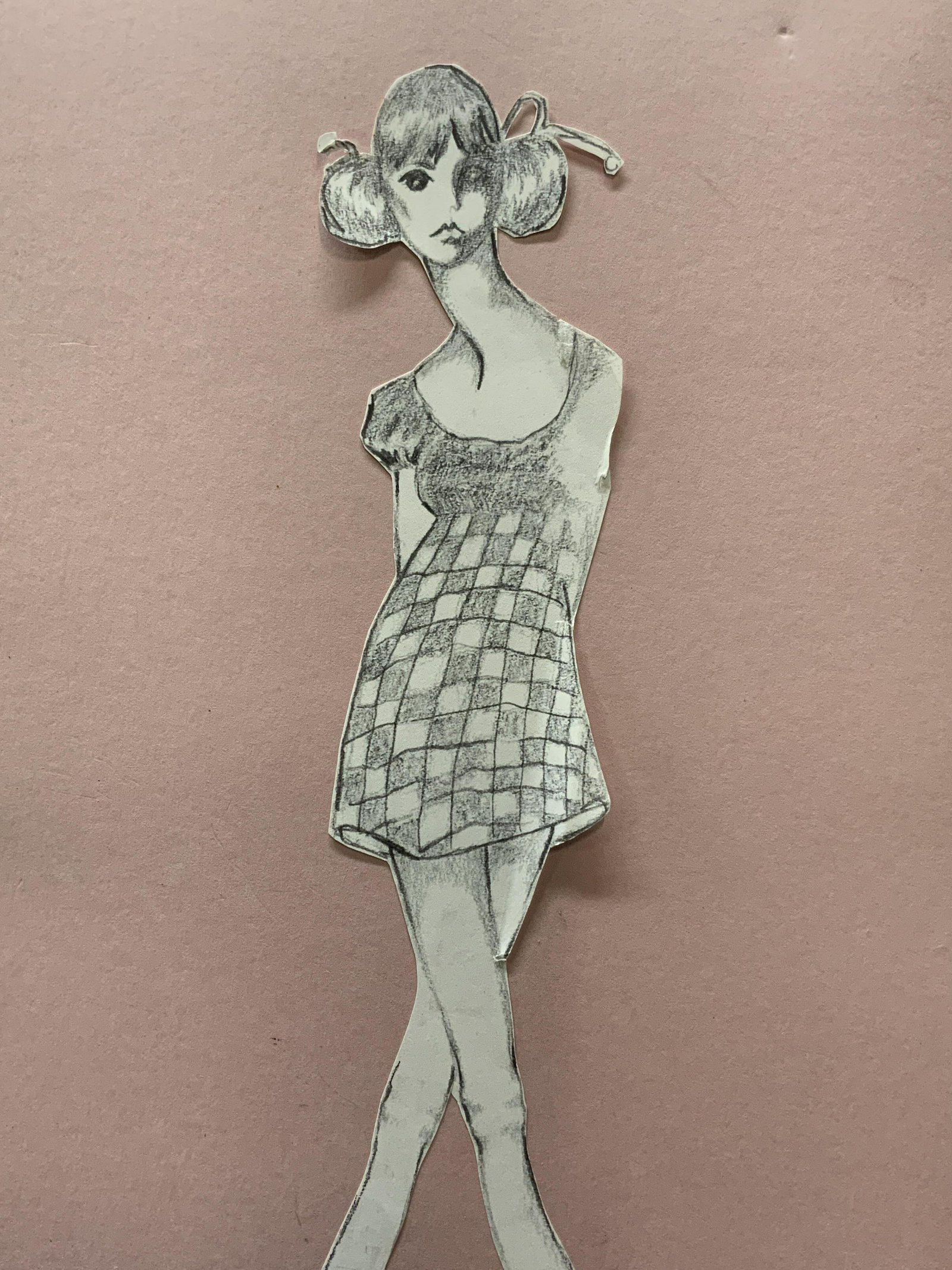 BERT 1968 Fashion Sketch Mounted Lithograph: BERT 1968 Fashion Sketch Mounted Lithograph, signed Bert in graphite to lower right, verso signed R. Margolin 1968, subject shows cut out lithograph of a fashion model sketch mounted to pink board, in