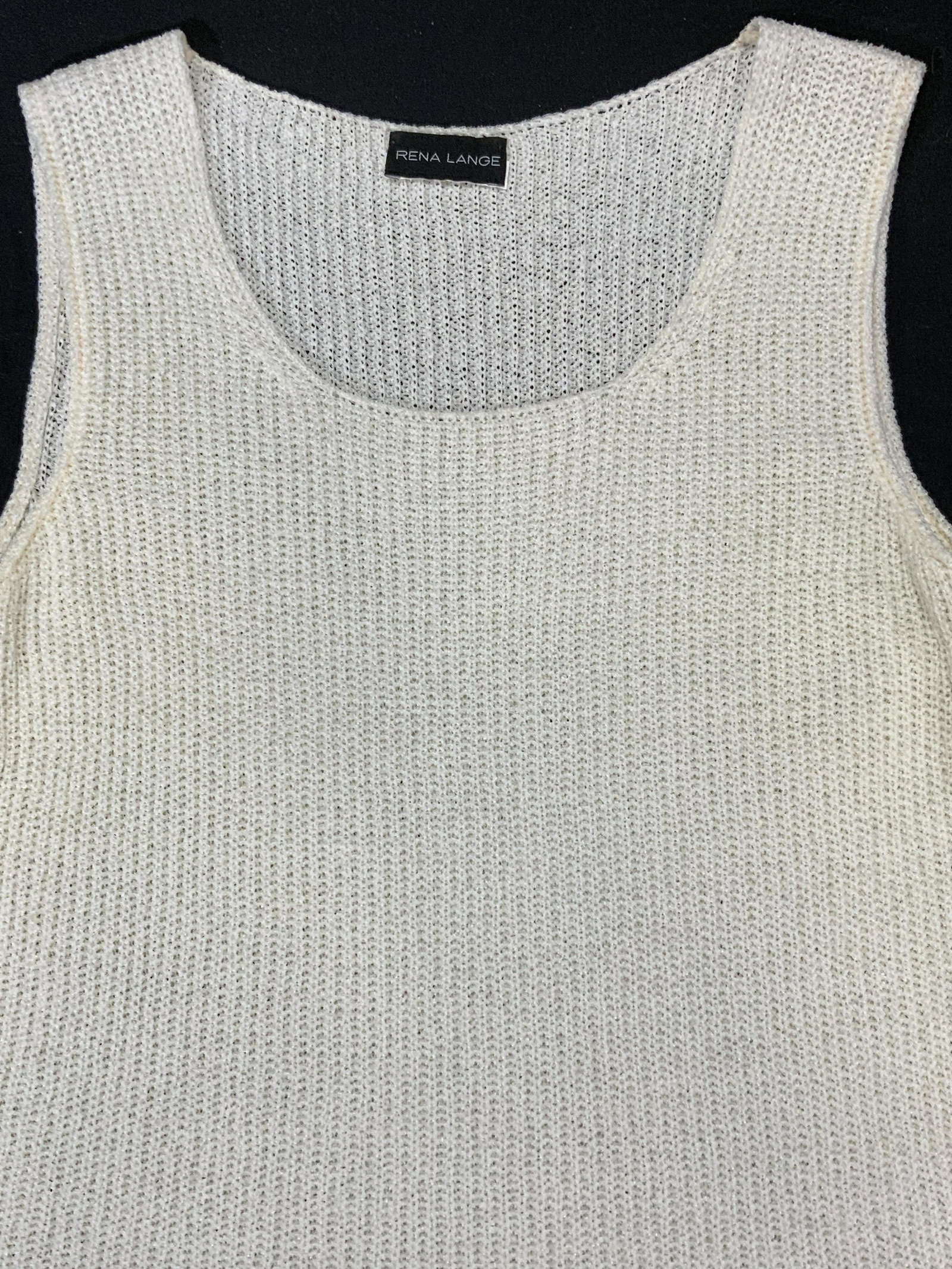 RENA LANGE white Loose Knit Sleeveless Top: Rena Lange loose knit sleeveless tank top in white. Size 40. Viscose blend. Possibly never worn. Rena Lange, Rena Lange top, Rena Lange knitwear, ladies luxury top, ladies luxury knitwear, ladies luxu
