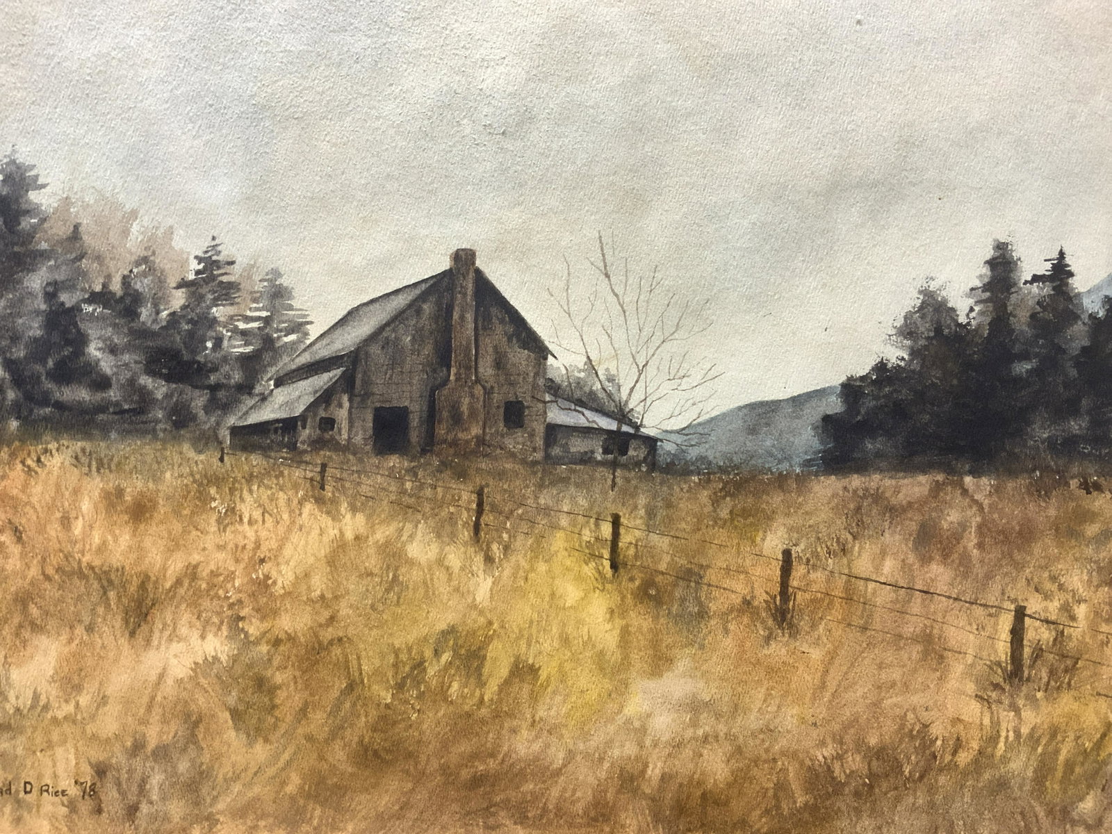 RICHARD D. RICE Vintage Watercolor Landscape: RICHARD D. RICE Vintage Watercolor Landscape Painting, signed Richard D. Rice 78 to lower left, subject shoes a seemingly abandoned house on a brown grass field in a winter rural setting, measures app