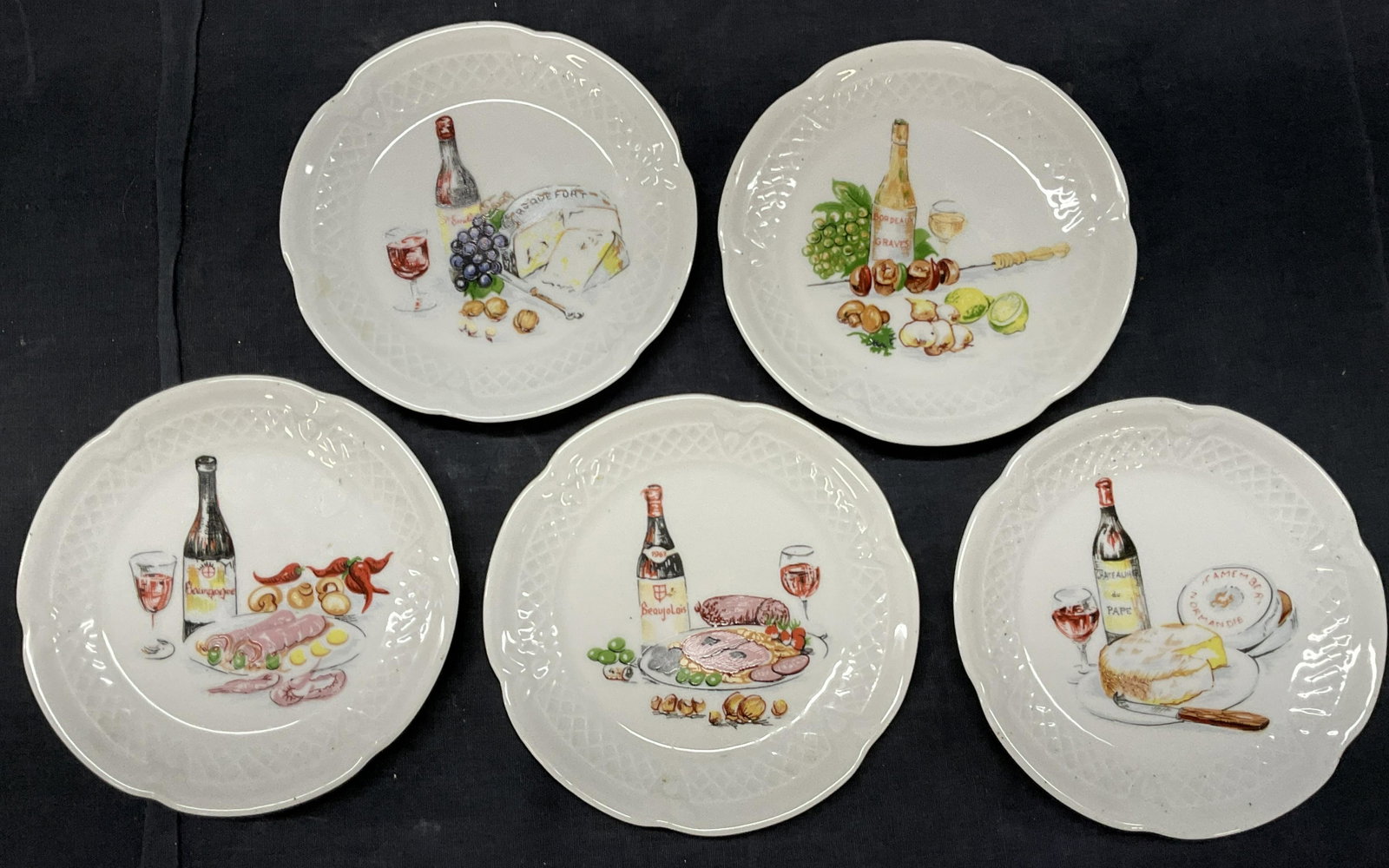 Set 5 LOURIOUX Small Porcelain Dishes, France: LOURIOUX Small Porcelain Dishes. Back marked with Creation Ph Deshoulieres France U. Each dish is detailed with food item, appetizer foods. Possibly hand painted. Measures approx 5.75 inches. Minimal 