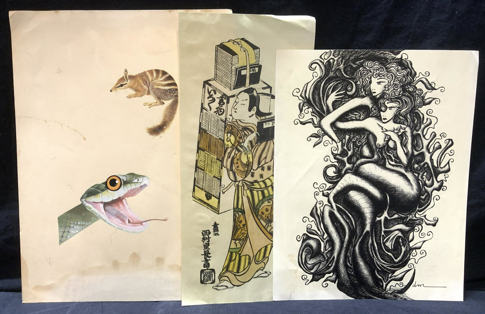 Lot of 3 Signed Assorted Art Pieces: Lot of 3 Signed Assorted Art Pieces, one Asian offset lithograph signed with Asian characters, one gothic surreal female nude ink drawing lithograph signed ‘DM’, and one vintage animal painting on