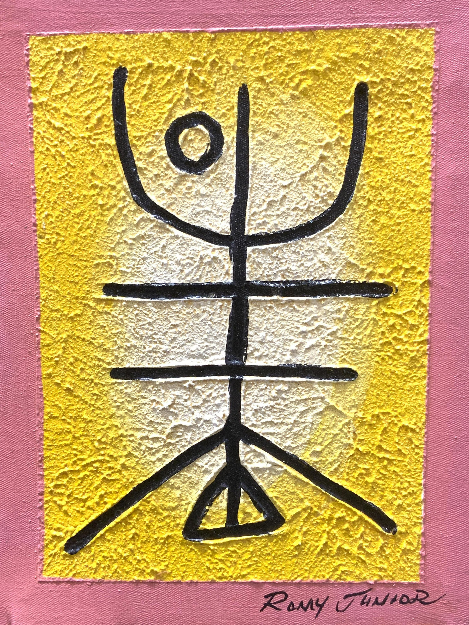 ROMY JUNIOR Mixed Media On Canvas: ROMY JUNIOR Mixed Media On Canvas, signature to lower right reads ‘Romy Junior’, abstract/minimal subject matter in mixed media paper mache on canvas. Measures approx 10 x 7 1/2 in., no frame, dam