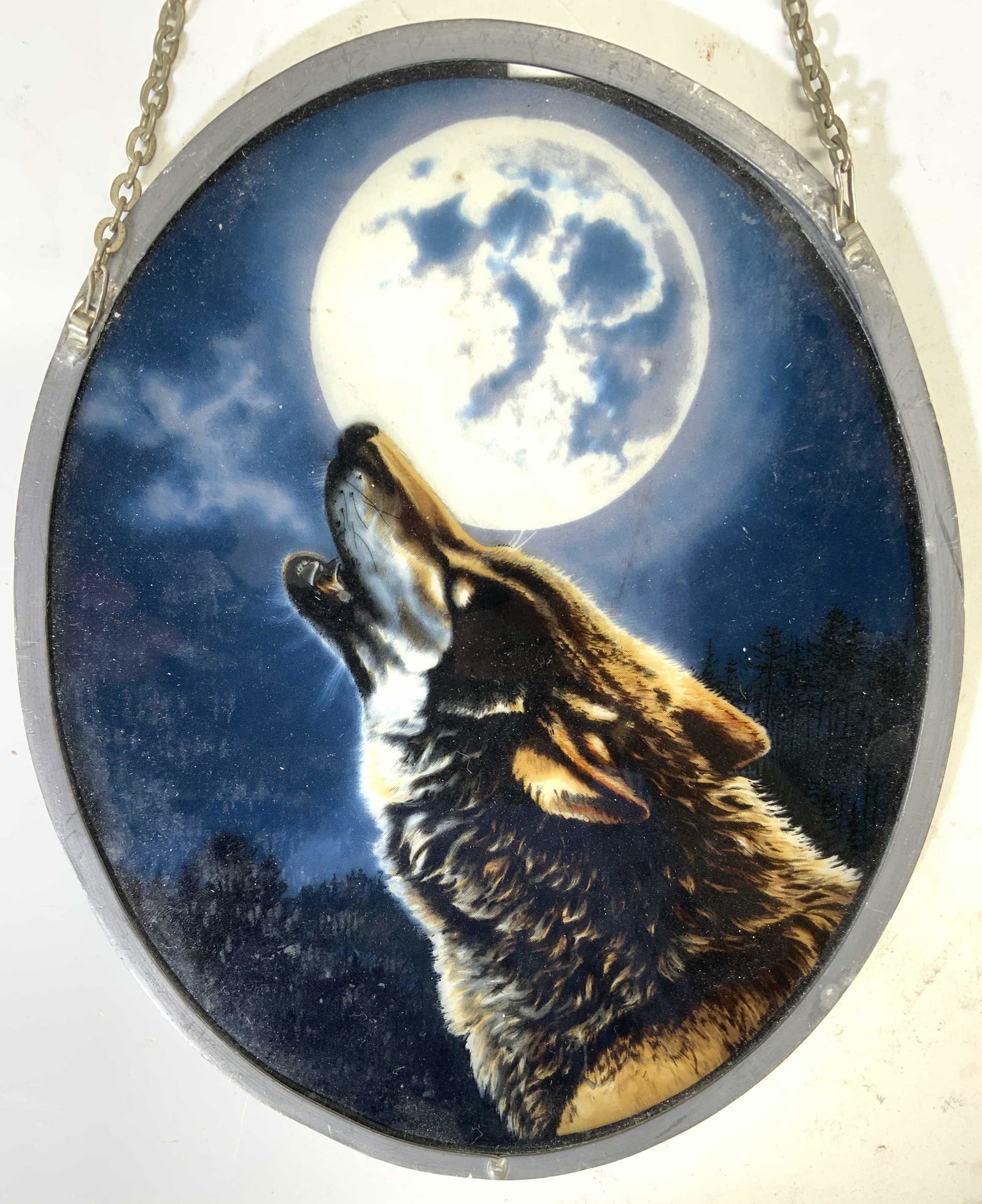 Wolf Howling At Moon Art Glass Wall Hanging (1 of 7)