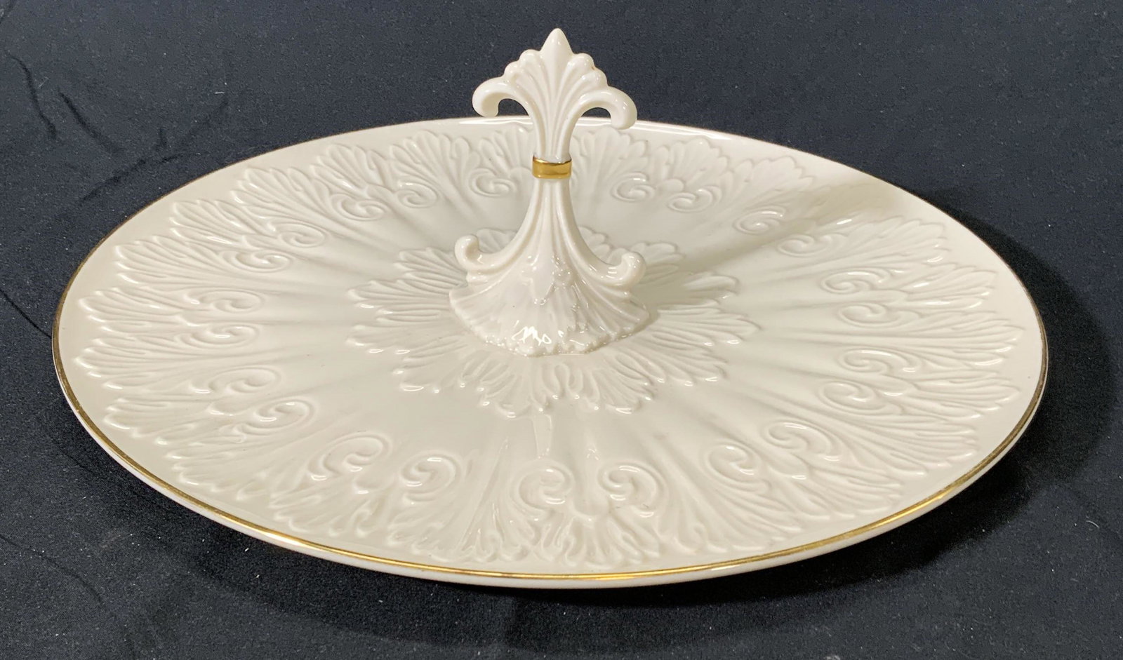 Vintage LENOX Gilt Porcelain Chateau Platter: A vintage Lenox gilt porcelain platter from the Chateau Collection. Measures approx. 12.5 inches diameter and 4 inches tall. Some loss to paint. Branded to underside with trademark. Property of Manhat