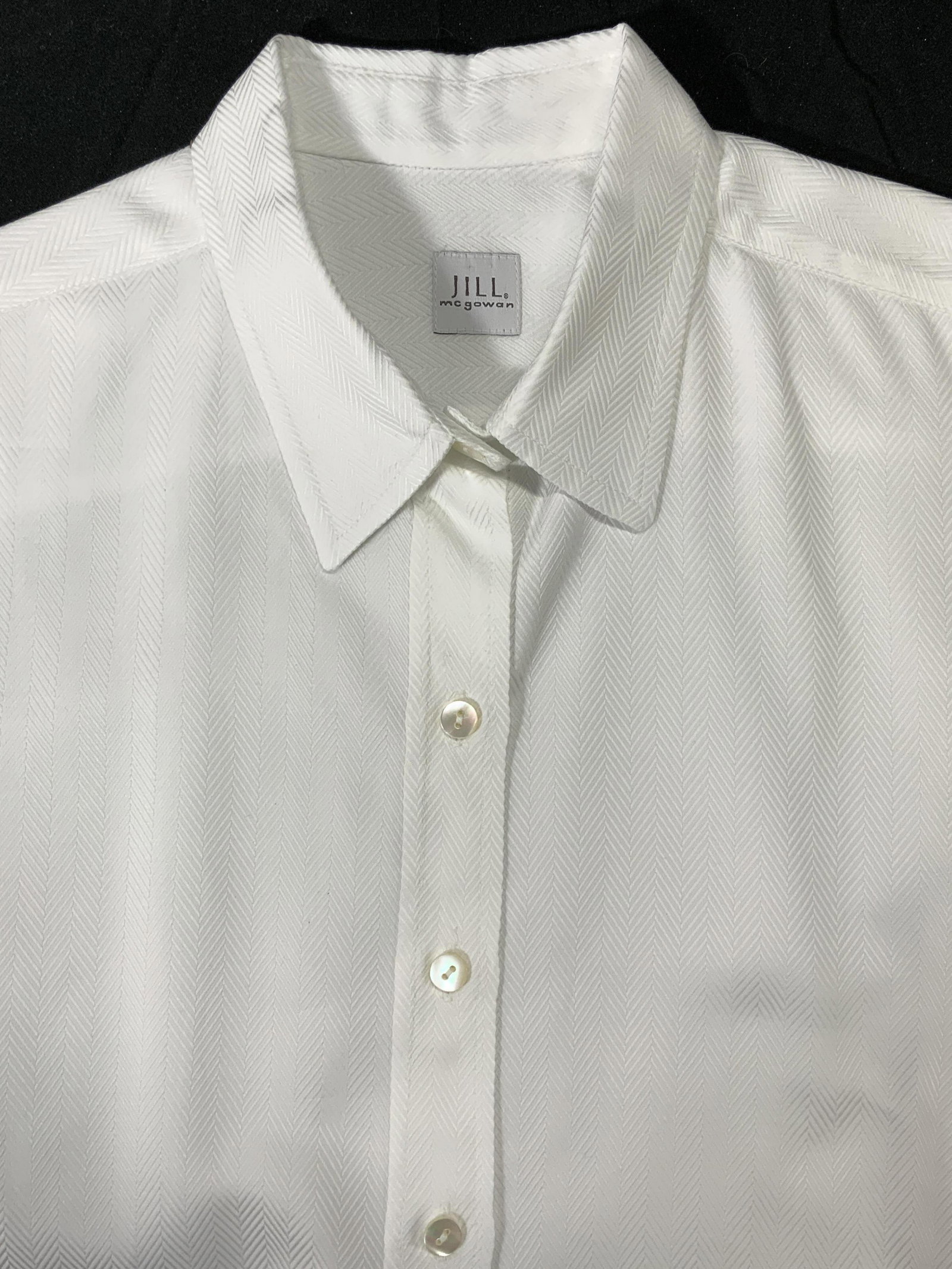 JILL MCGOWAN White Button Up Shirt: JILL MCGOWAN long sleeve collared button up shirt in white with vertical alternating stripe detail. Size S. Possibly 100% cotton. Possibly never worn. Jill McGowan, Jill McGowan shirt, Jill McGowan to