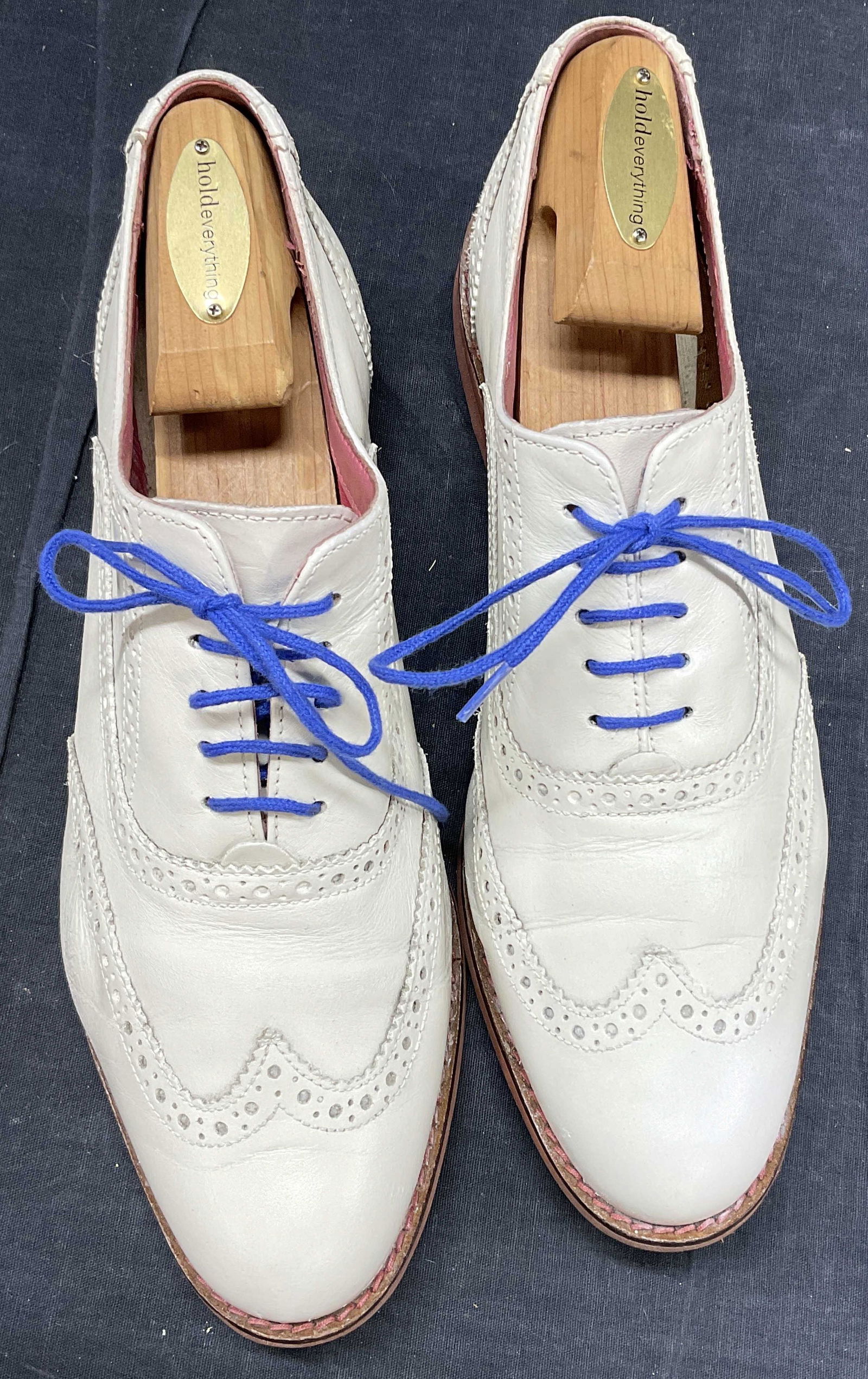 Vibram White Loafer W Blue Laces: Vibram loafer with .5 inch heel in white lace like design. Size 9.5. Wear consistent with use and exposure. Included Hold Everything shoe tree. Property of Manhattan, NY Estate. Vibram, ladies Italian