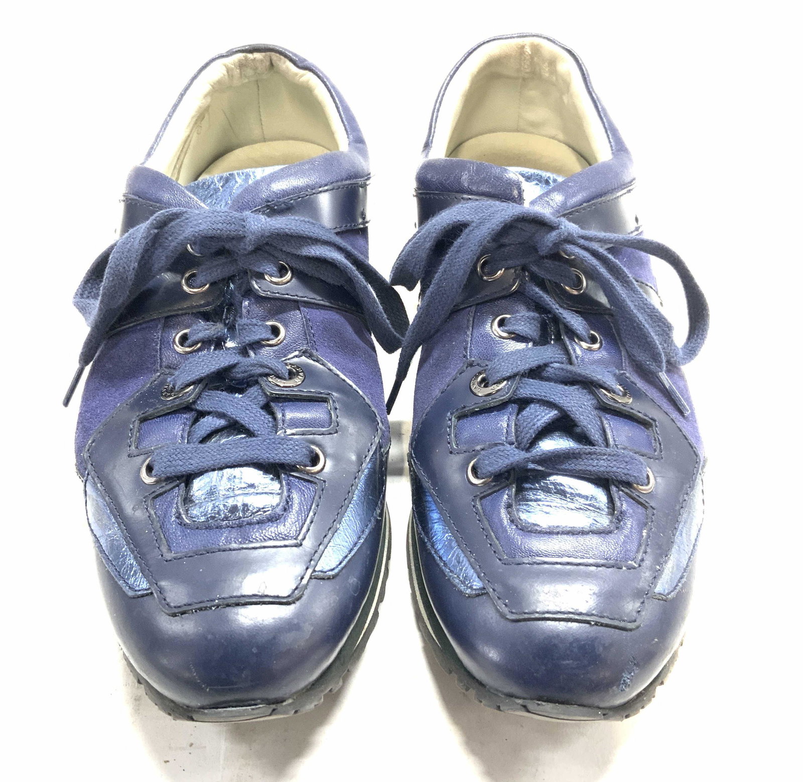 LANVIN Blue Metallic Leather Sneaker, French Lux: LANVIN leather with metallic detail lace up sneakers. Size 39. Wear consistent with use. Made in Italy. Property of Manhattan, NY Estate. Lanvin, lanvin shoes, lanvin accessories, ladies French luxury