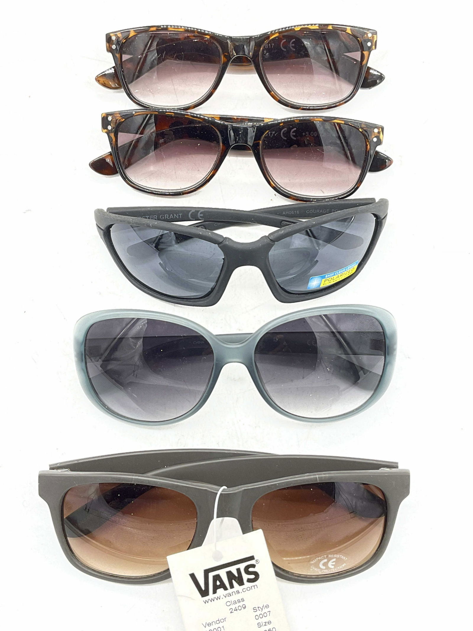 Lot 5 Sunglasses, Calvin Klein & more: Lot 5 Sunglasses. Up cycle to prescription pair of sunglasses or glasses. Surface wear to pieces consistent with age and use. Largest measures, lens 2.25 inches and ear piece approx 5.5 inches. sungla