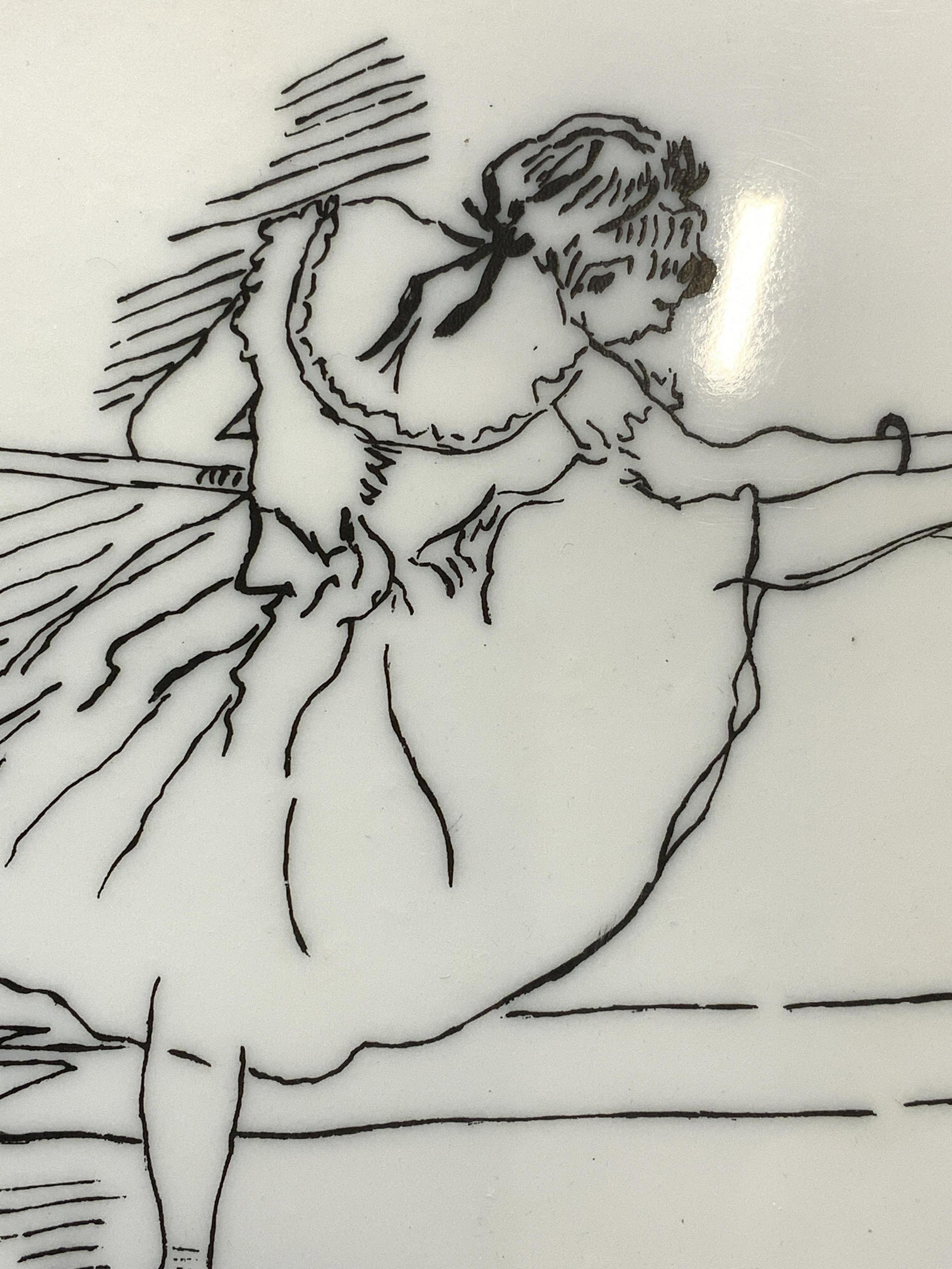 DEGAS Minimalist Ballerina Ink On Resin: DEGAS Minimalist Ballerina Ink On Resin, inscription to lower left reads ‘Degas’, subject shows a ballerina warming up on the barre, measures approx 8 3/4 x 6 3/4 in. No frame, surface wear Degas