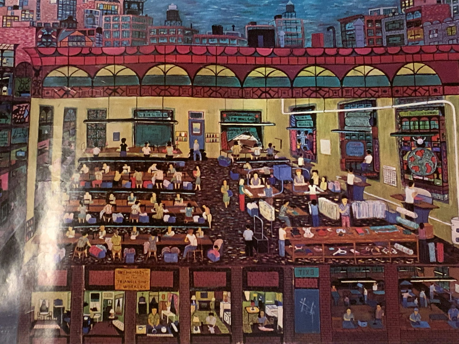RALPH FASANELLA Columbia College Exhibit Litho.: RALPH FASANELLA Columbia College Vintage Exhibit Litho., shows Fasanella’s tribute painting to the victims of the Triangle shirtwaist factory fire, minor surface wear and creasing, paperweights not 