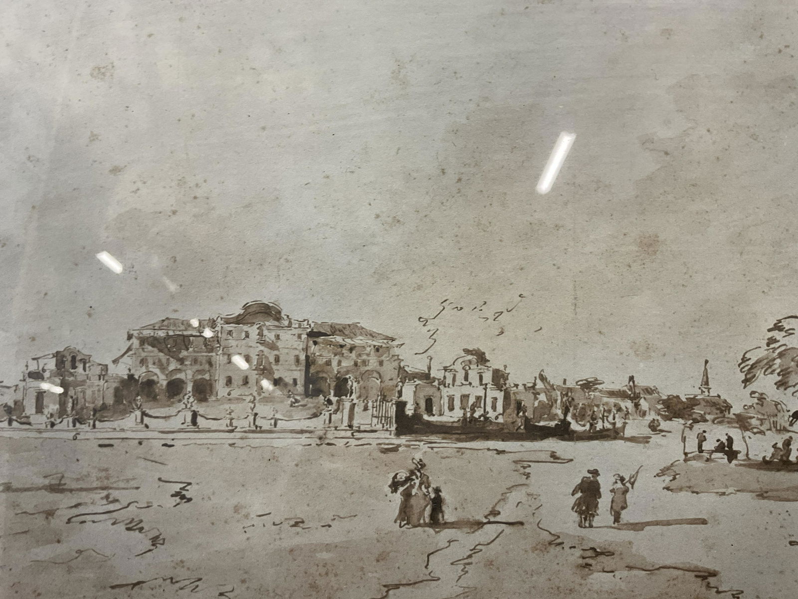 FRANCESCO GUARDI In Front of a Palace Lithograph: FRANCESCO GUARDI In Front of a Palace Lithograph, inscription to lower right illegible, subject figures walking in front of an Italian palace, measures 13 3/8 x 17 1/2 inches, professionally framed an