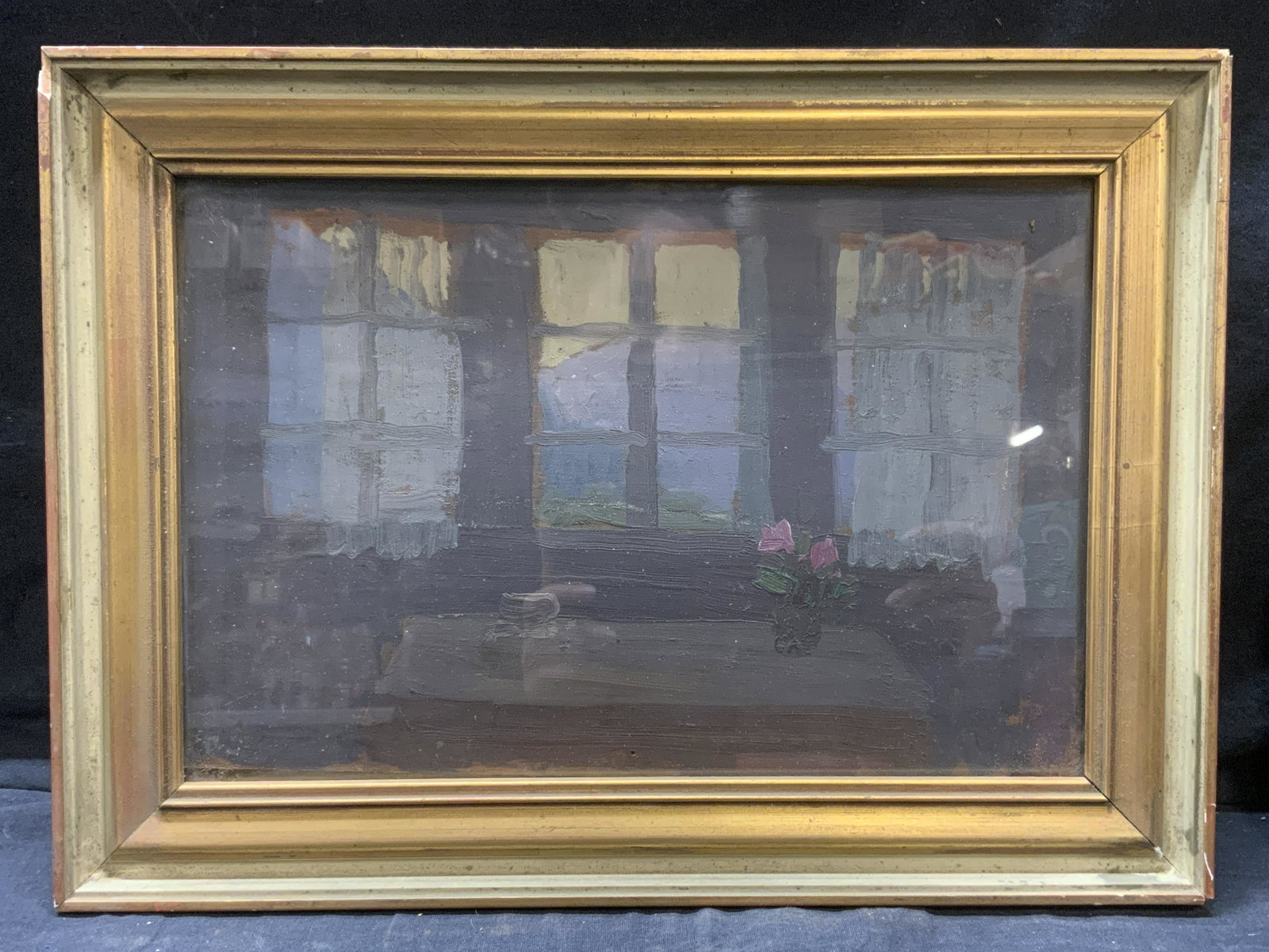 Impressionist Mood Oil Painting: Impressionist Mood Oil Painting, subject shows a vase of flowers on a table in a dark room with three windows letting in a soft light from behind a range of mountains. In frame measures approx 10 3/4