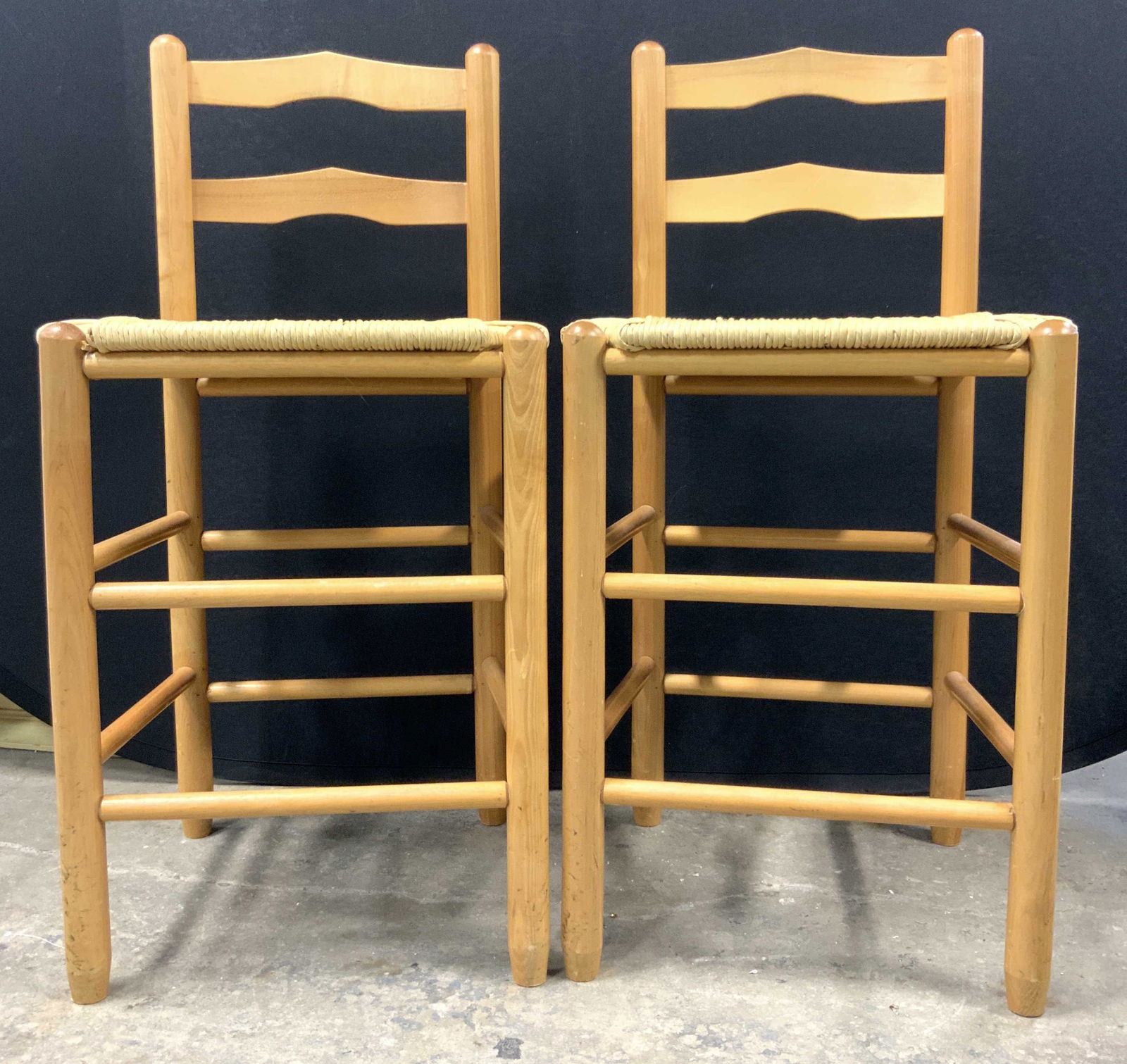 Pair Of Wooden & Rattan Stools (1 of 9)