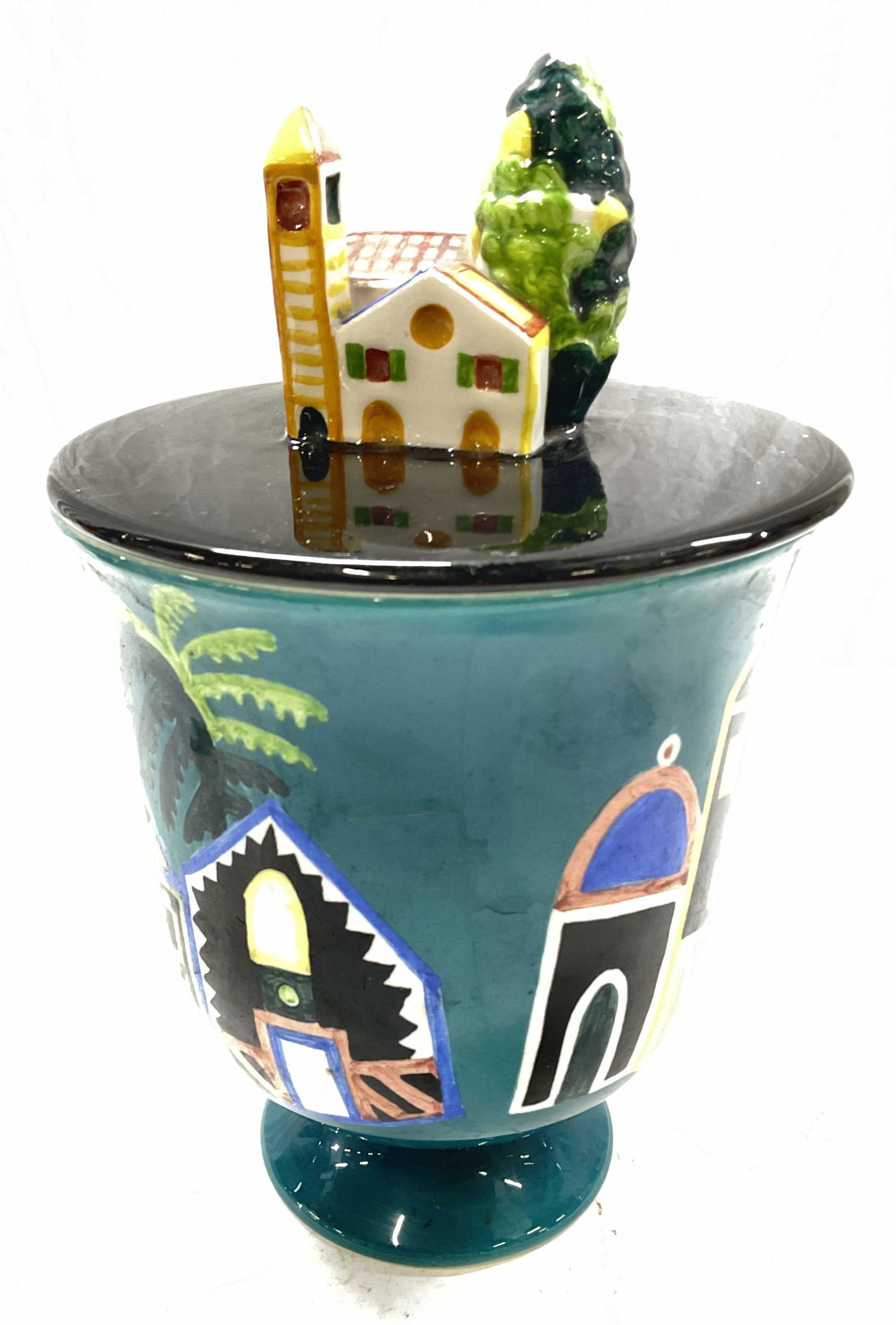 Ceramic Lidded Vessel W Houses On Lid (1 of 6)