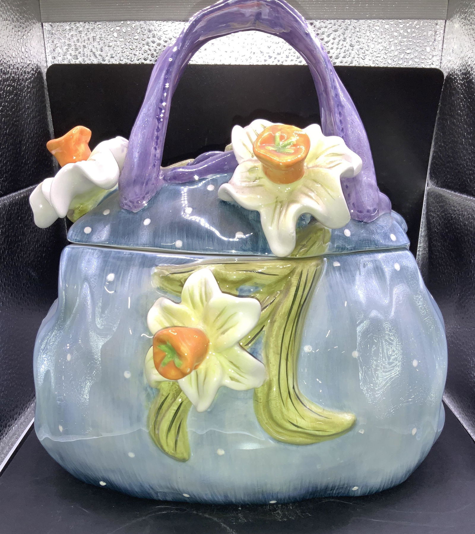 Lustrous Ceramic Purse Vessel w Lily Flowers (1 of 5)