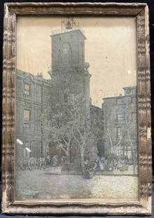 JULES GEURIN Offset Lithograph: JULES GEURIN Offset Lithograph, inscription to lower left reads ‘Jules Guerin’, subject a town square with horse drawn carriages, measures 16 3/4 x 11 3/4 inches, gilt wooden frame, surface wear a