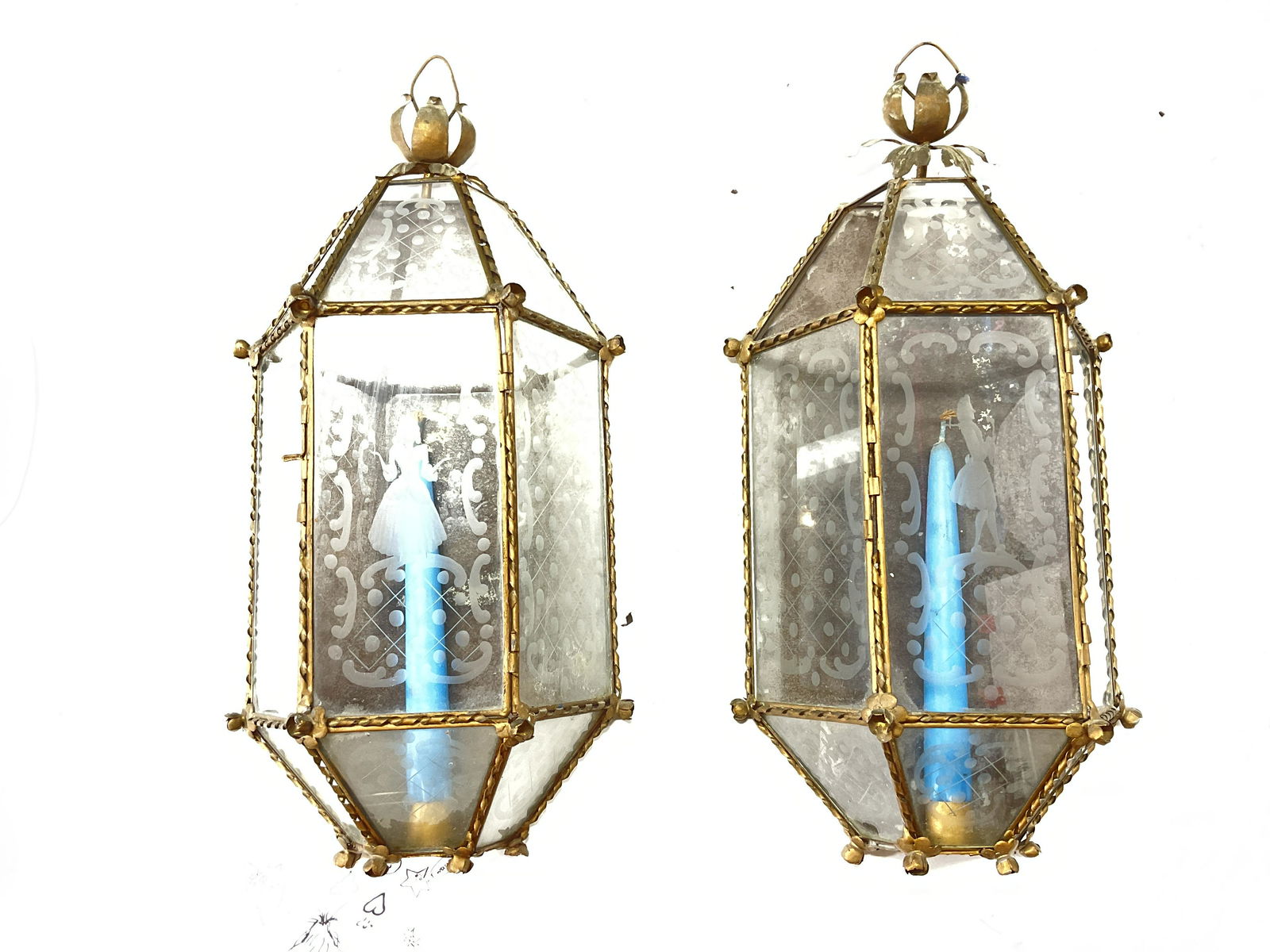 Pair Opulent Vintage Wall Lamp W Ornamented Glass (1 of 8)