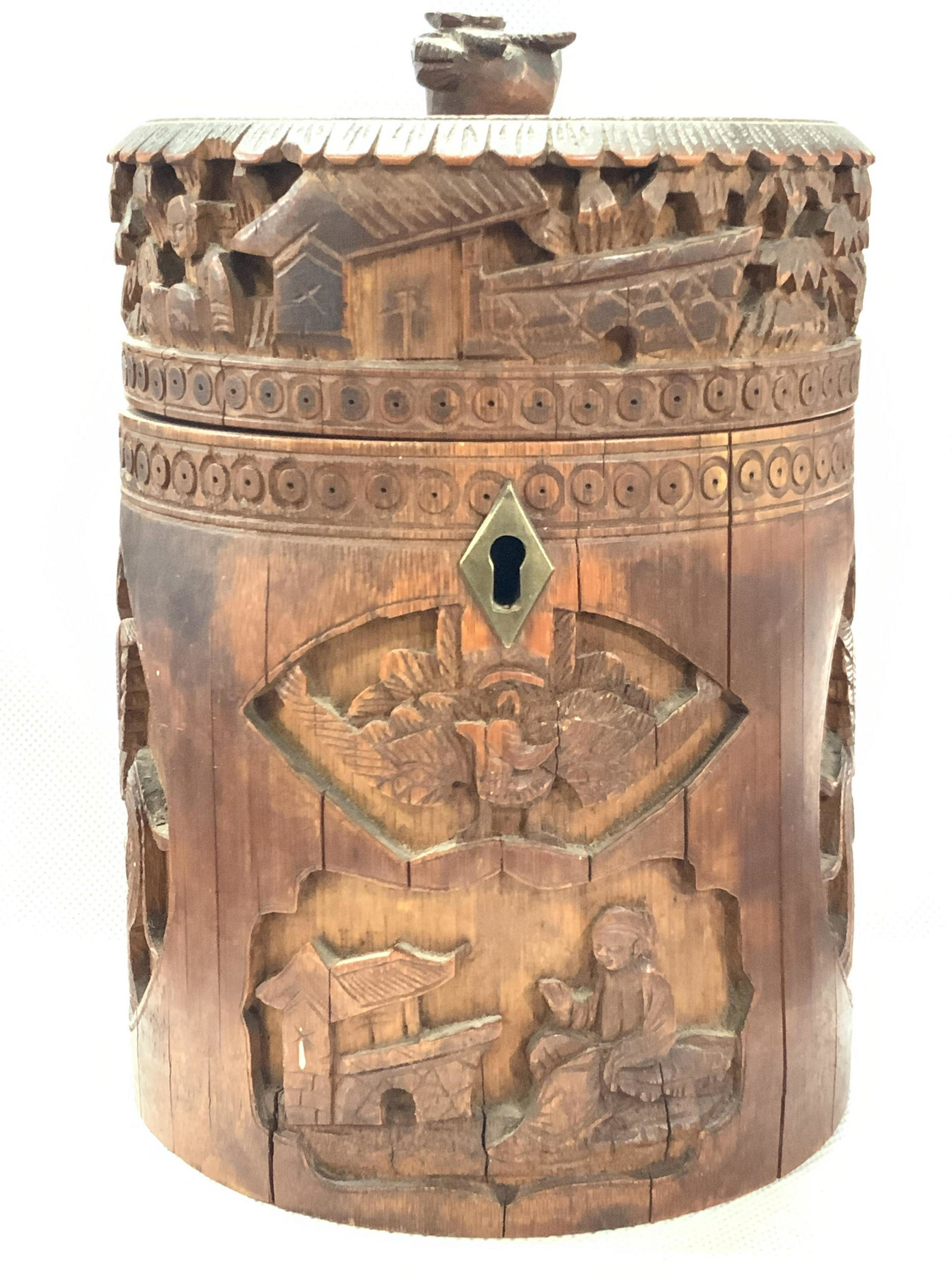 SIGNED Vintage Asian Carved Wooden Vessel: A signed carved wooden vessel with hinge lid. Cylindrical in shape, with carved motifs of figures in traditional Chinese robes, mythical Chinese animals and nature motifs. Interior is lined with white