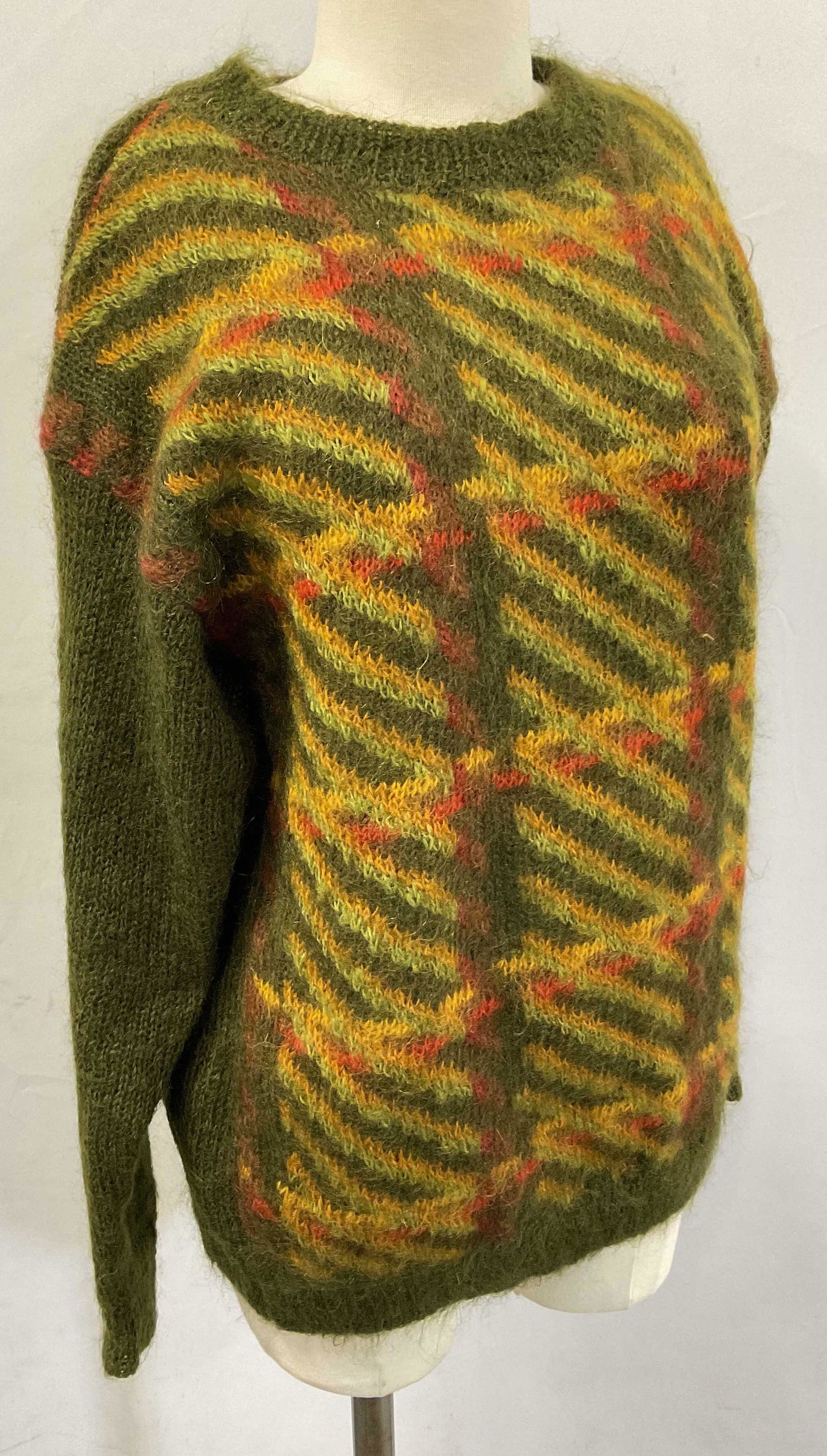 Mohair Wool Melbourne Elements Sweater: Mohair Wool Melbourne Elements Sweater. Inner label reads size S, 57% Mohair Wool, 43% acrylic. Wear to piece consistent with age and use. Earth tones to piece. Sweater, mohair wool, Melbourne element