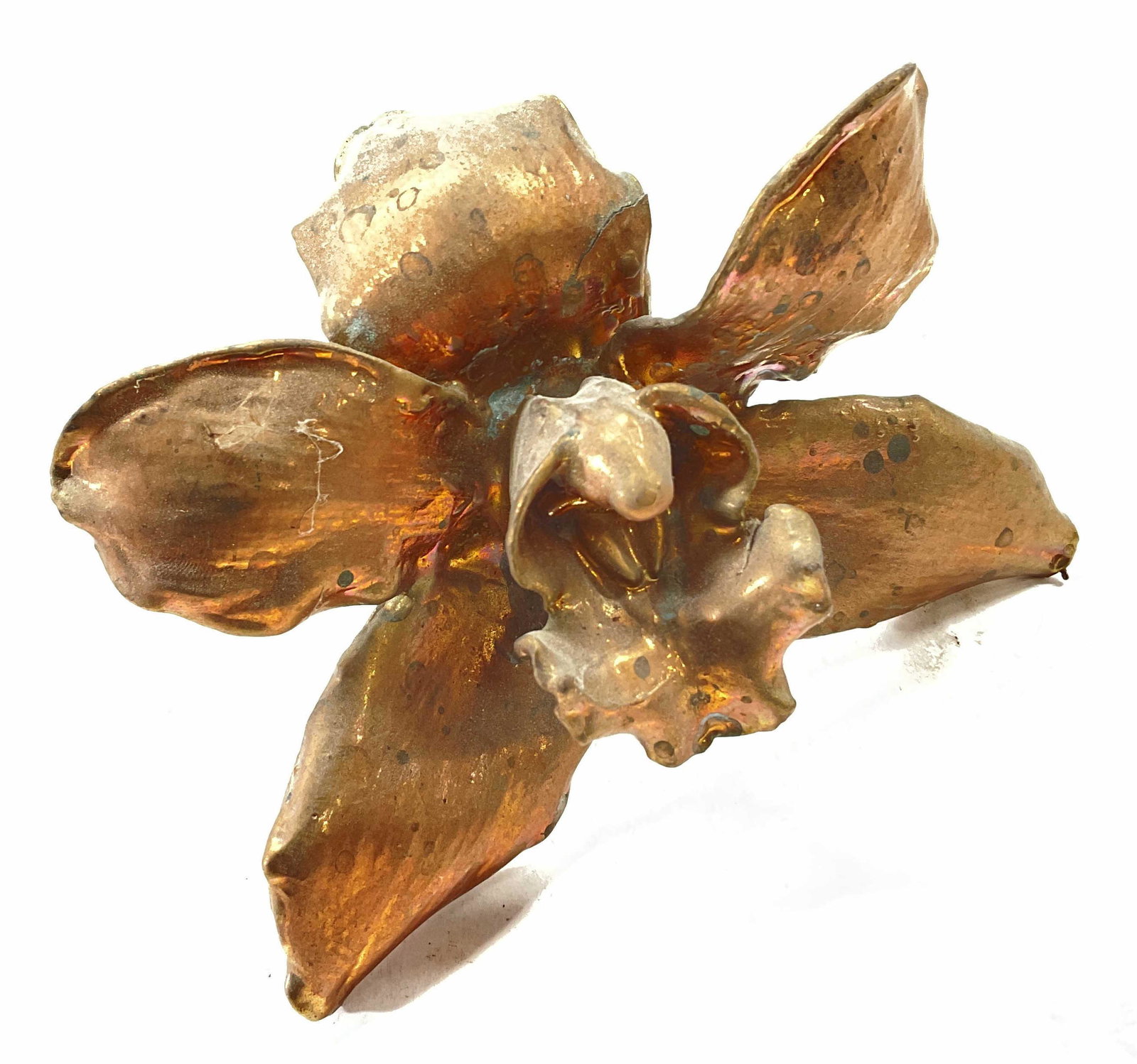 Copper Orchid Sculpture: Copper Orchid Sculpture. Piece is possibly copper. Measures approx 5 x 3 inches. Surface wear to piece consistent to age and use. Copper, orchid, copper orchid, sculpture, orchid sculpture, floral scu